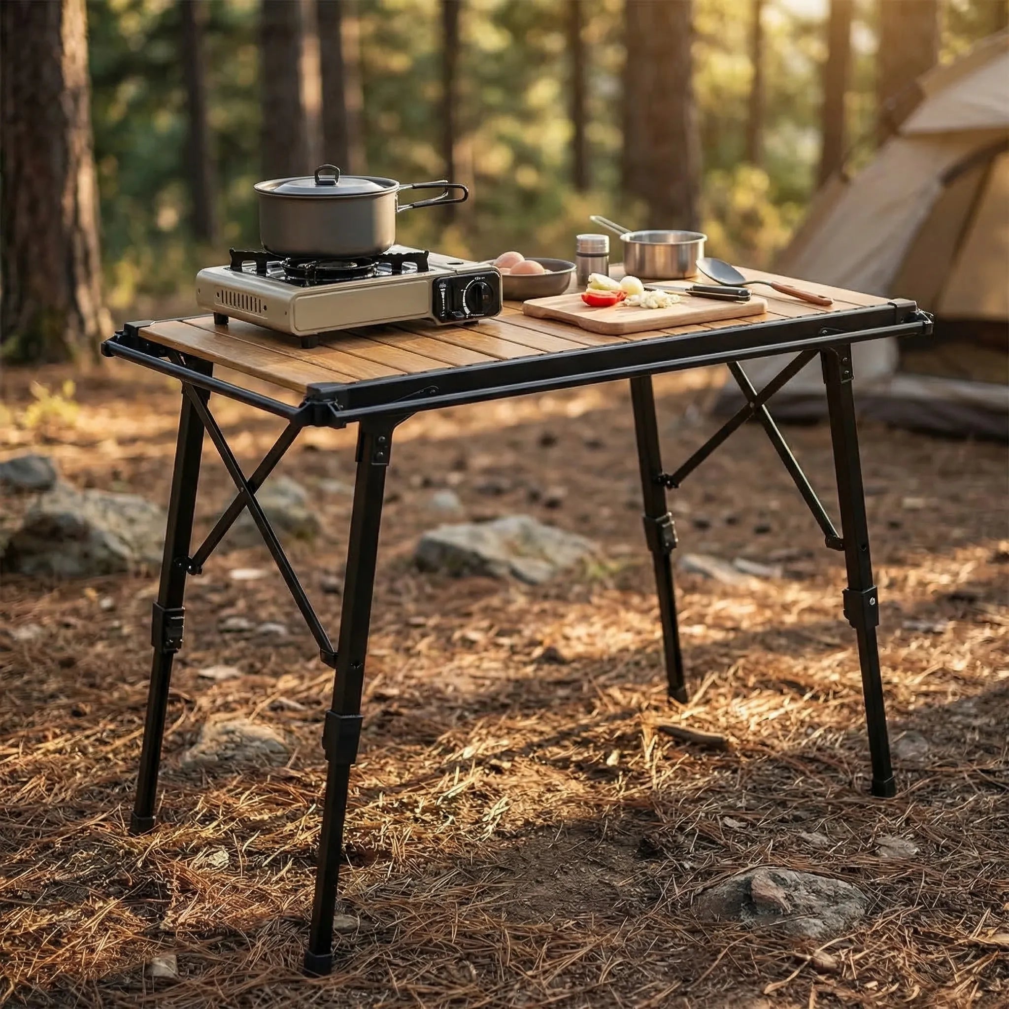 Klappbarer IGT-Campingtisch mit Holzkohlegrill und Kocher-Einschüben