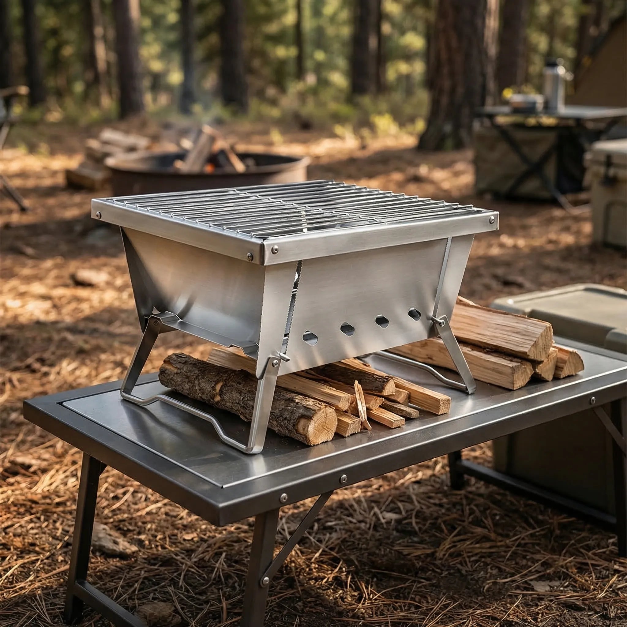 Klappbarer IGT-Campingtisch mit Holzkohlegrill und Kocher-Einschüben