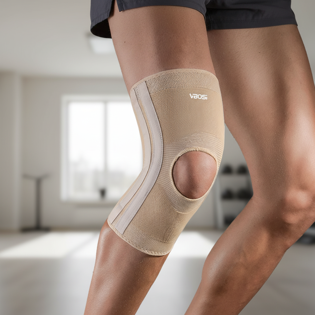 Kniebandage hochelastisches Strickgewebe mit offener Kniescheibe und Federstützen