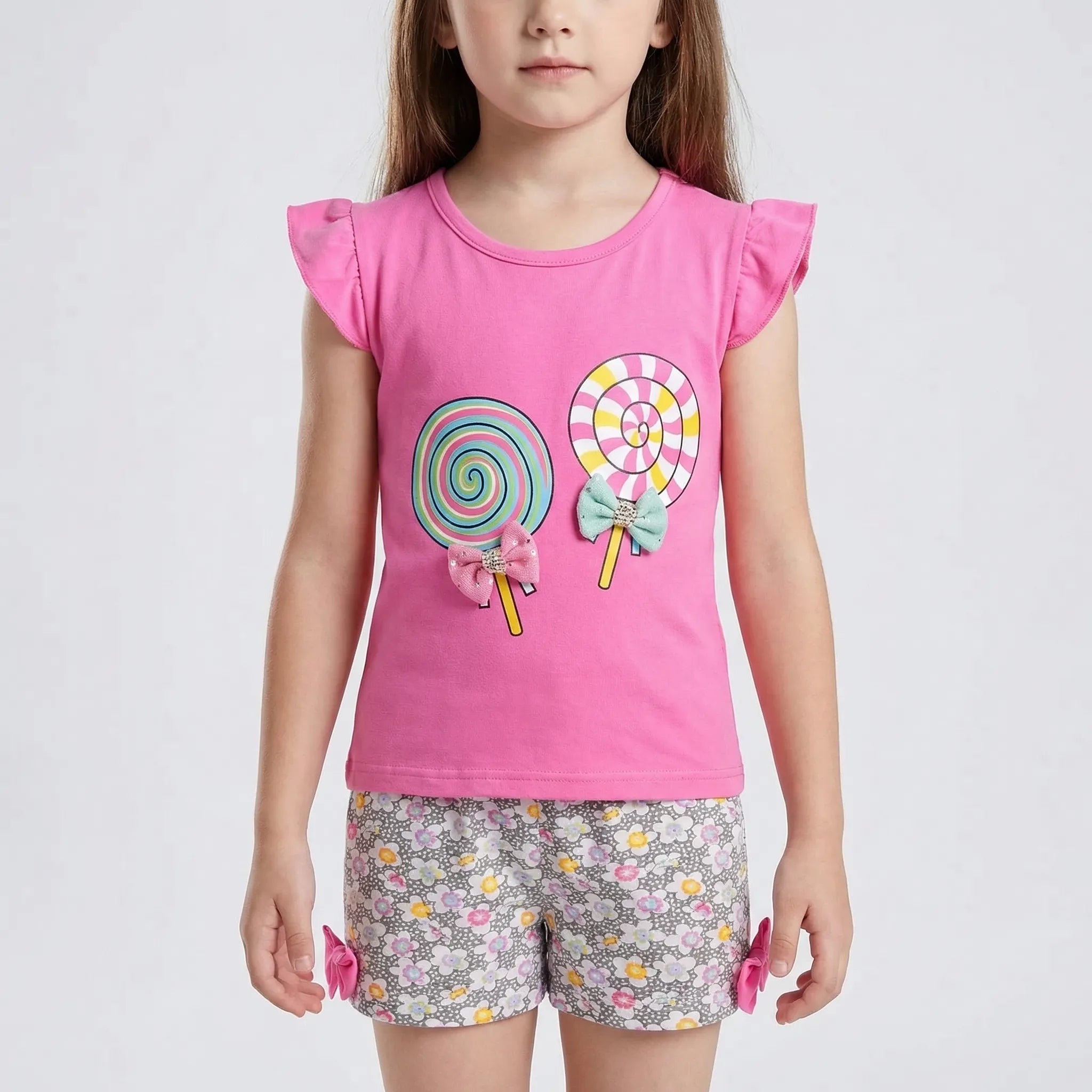Mädchen Sommer Set mit Rüschen Top und Blumen Shorts