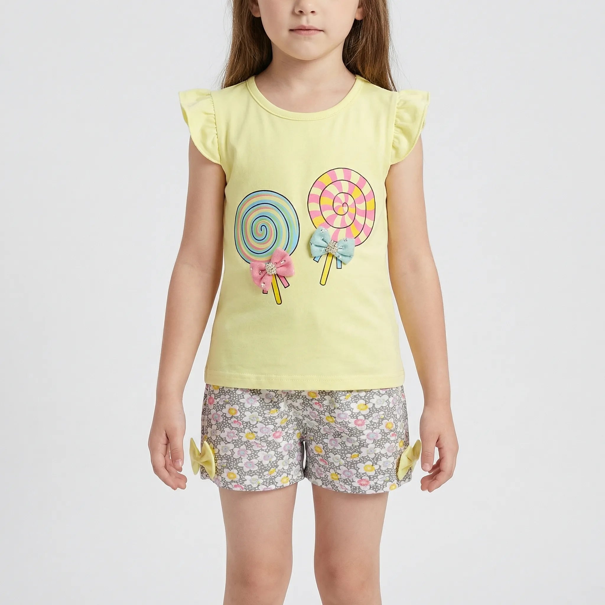 Mädchen Sommer Set mit Rüschen Top und Blumen Shorts