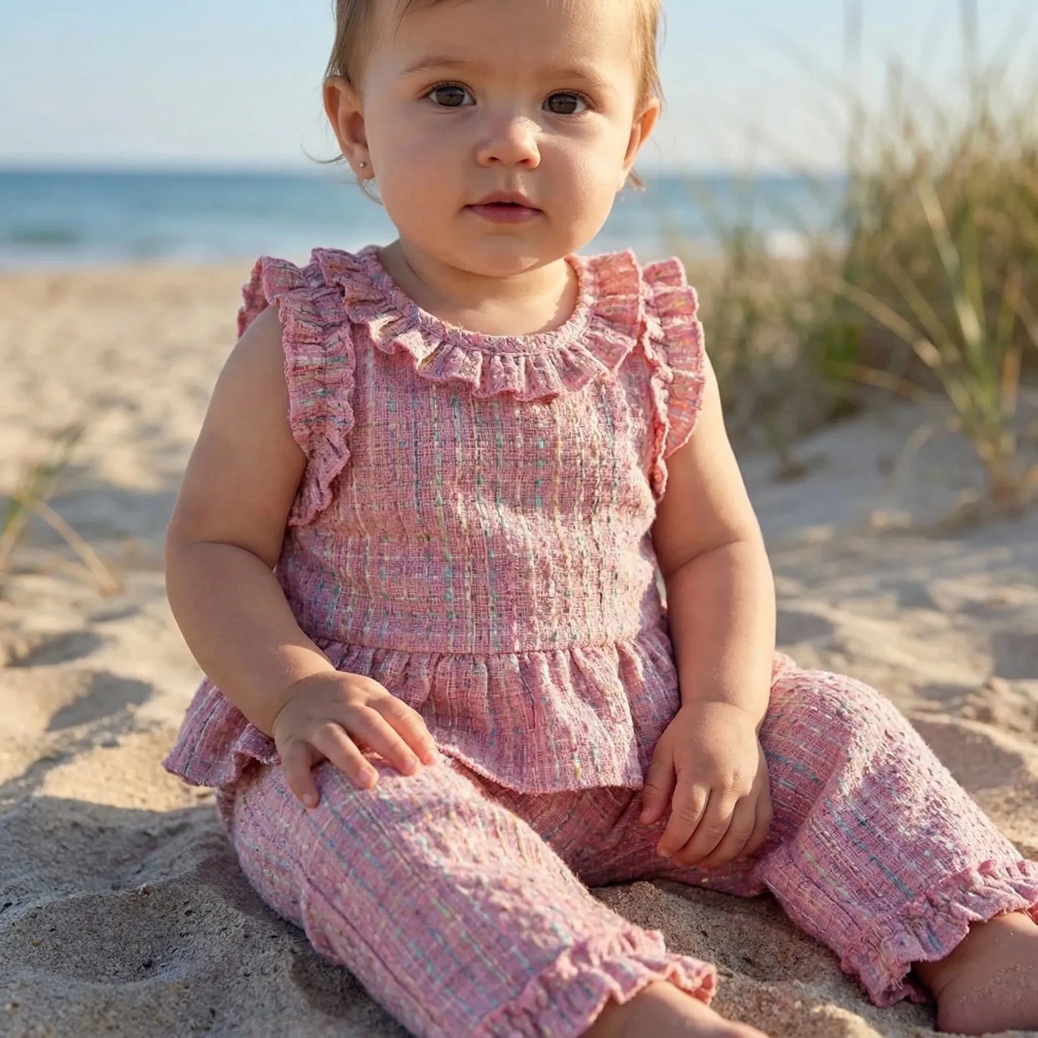 Baby Mädchen Sommer Set rosa kariert mit Rüschen Top und Shorts