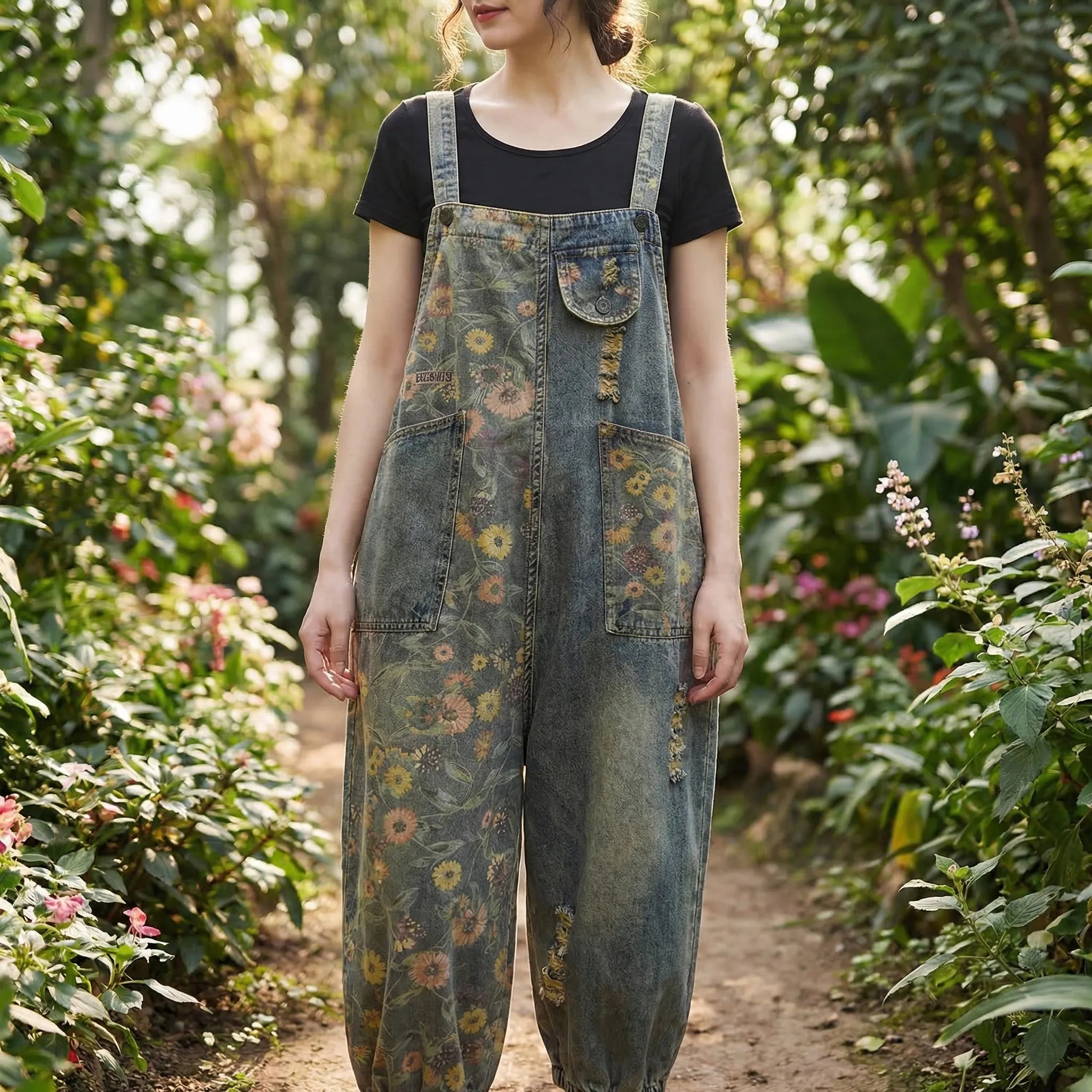 Denim-Latzhose mit großflächigem Blumenmuster und breitem Bein