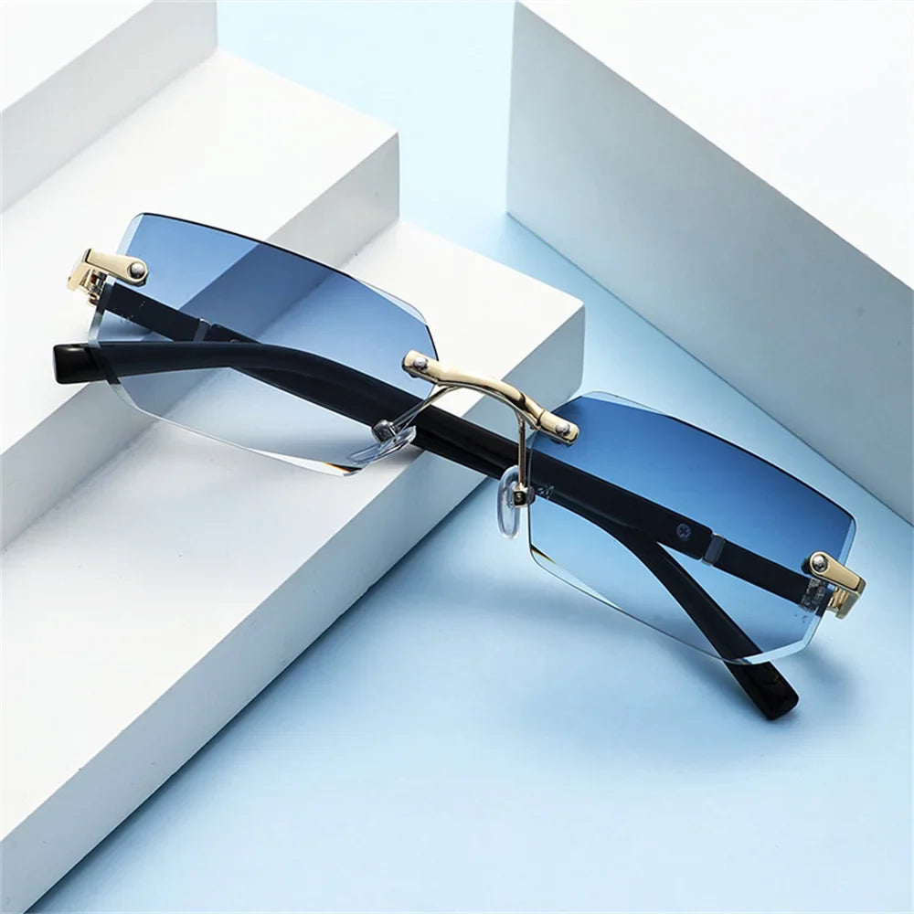 Rahmenlose Rechteck-Sonnenbrille mit geschliffenen Gläsern Y2K-Stil