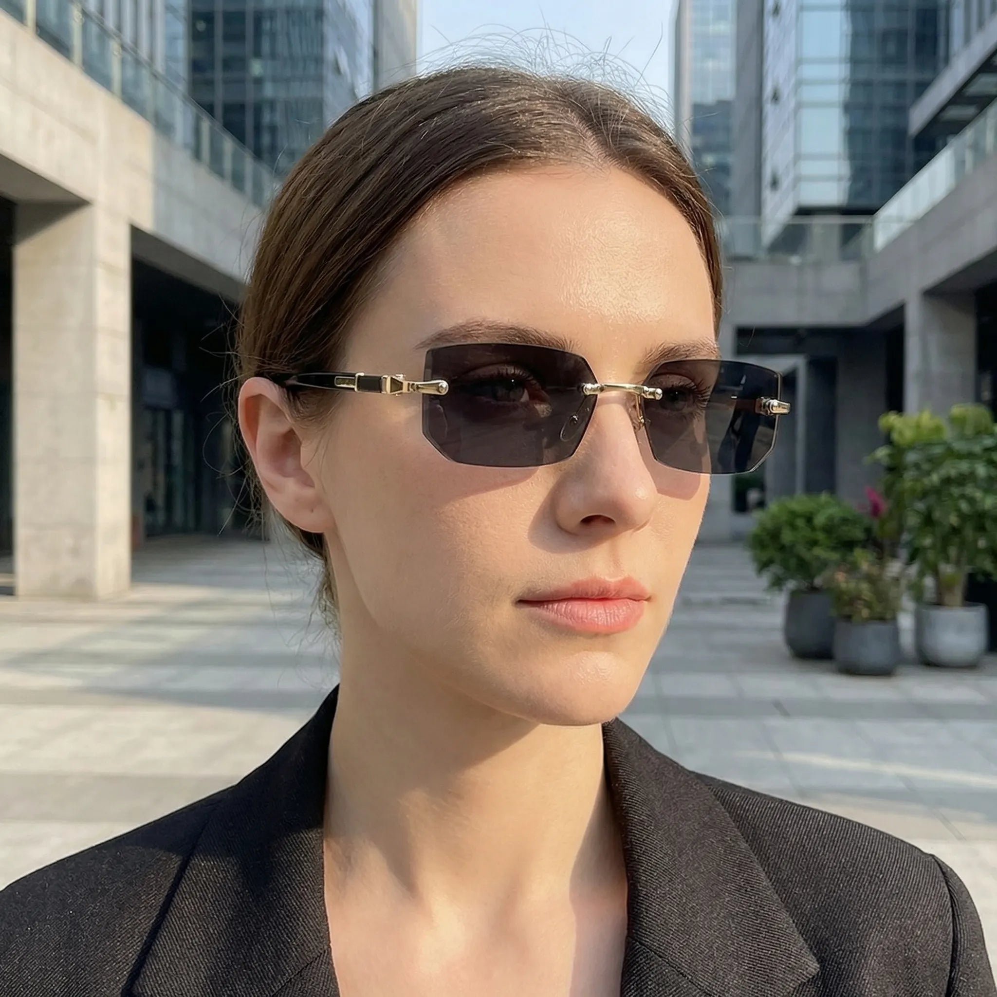 Rahmenlose Rechteck-Sonnenbrille mit geschliffenen Gläsern Y2K-Stil