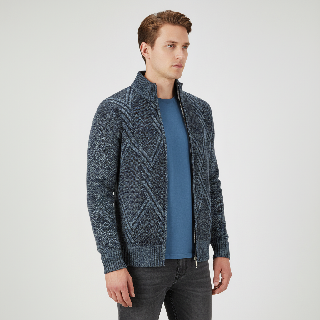 Strickjacke Herren Fleecefutter Fair Isle gerippter Kragen