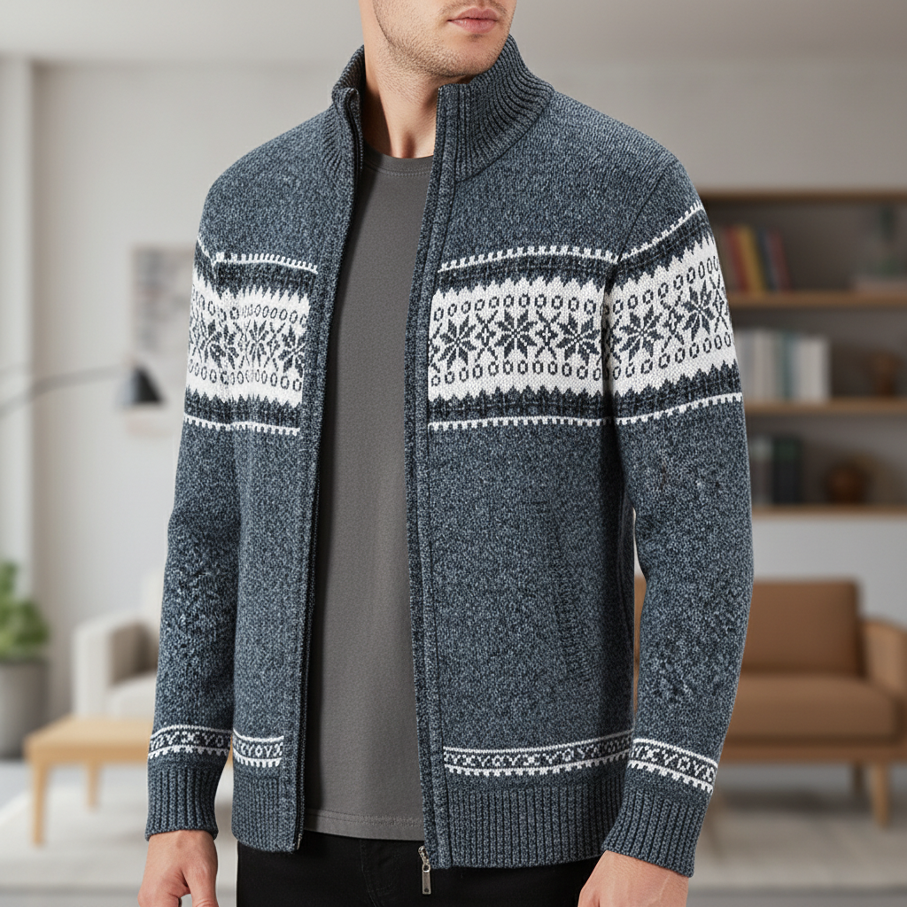 Strickjacke Herren Fleecefutter Fair Isle gerippter Kragen