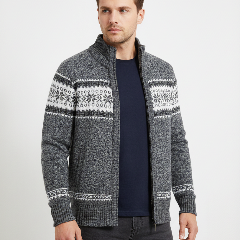 Strickjacke Herren Fleecefutter Fair Isle gerippter Kragen