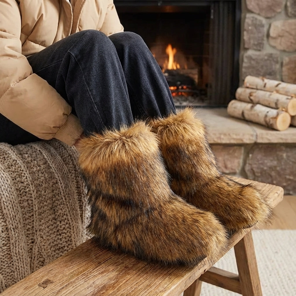 Winterstiefel Damen wadenhoch Kunstfuchsfell rutschfeste Sohle warm