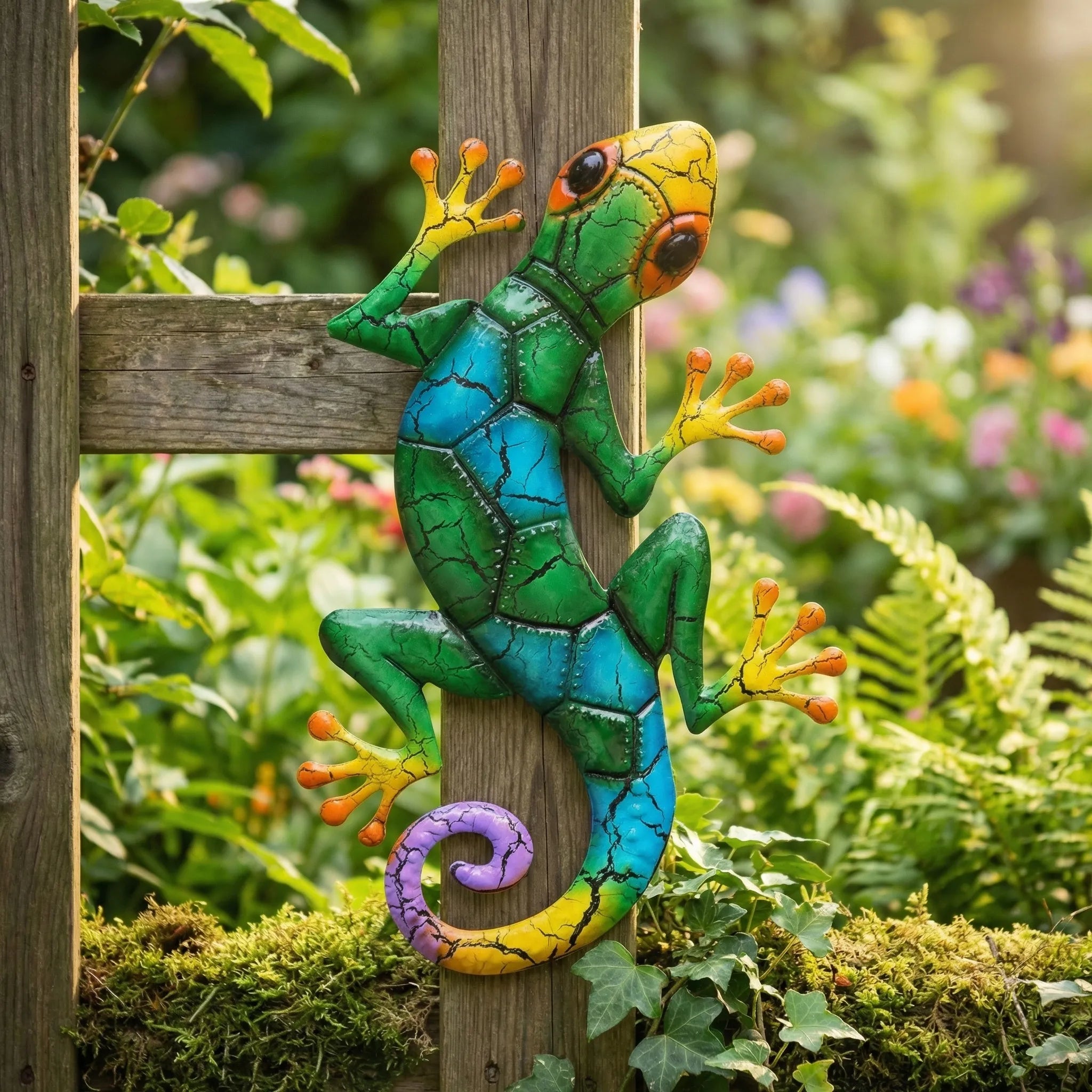 Bunte Gecko-Wandskulptur mit Crackle-Effekt-Lackierung für Garten und Innenbereich