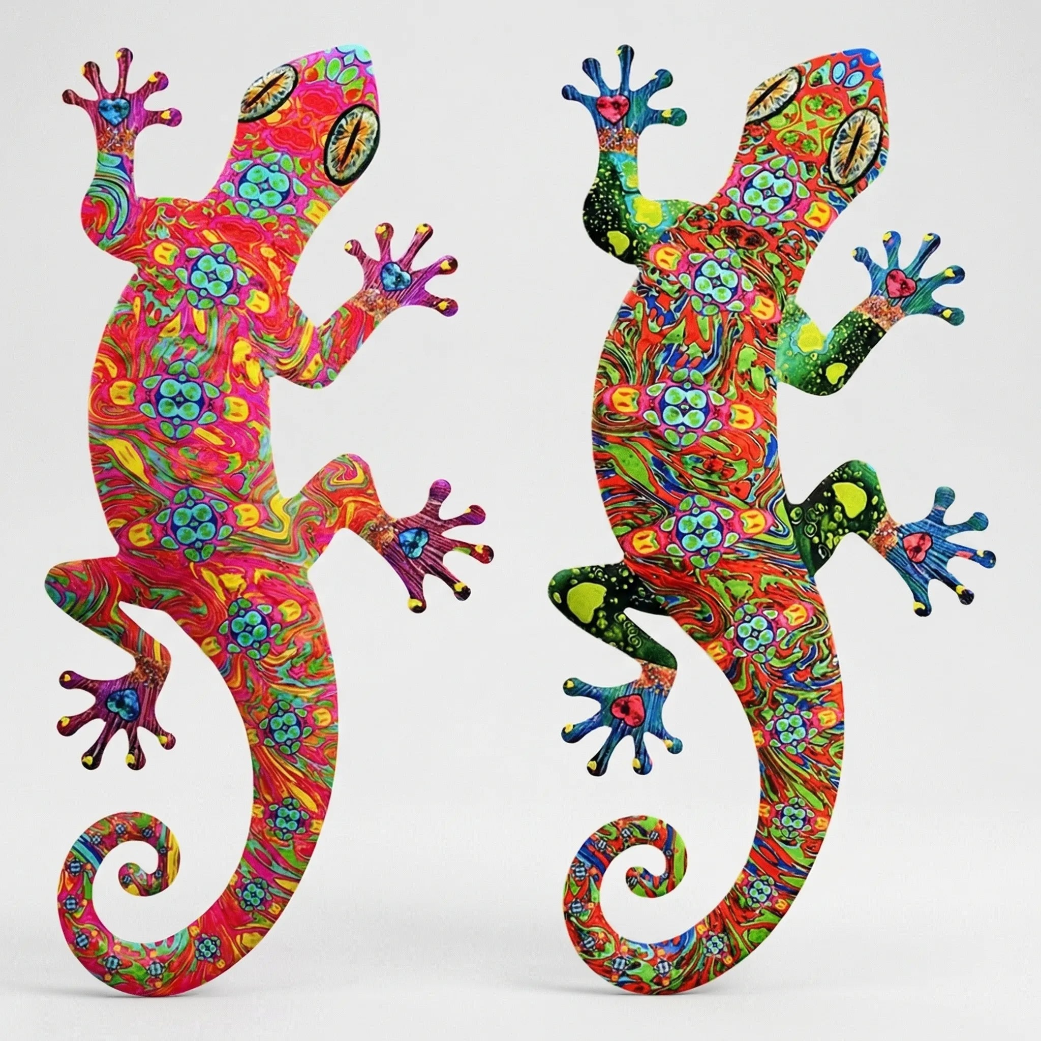 Gecko-Wandskulpturen mit lebendiger Bemalung und Wirbelmuster