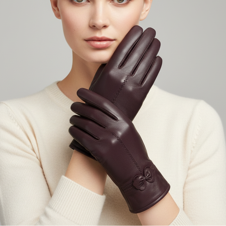 Winterhandschuhe Damen Schafsleder winddicht elegant mit Schleife