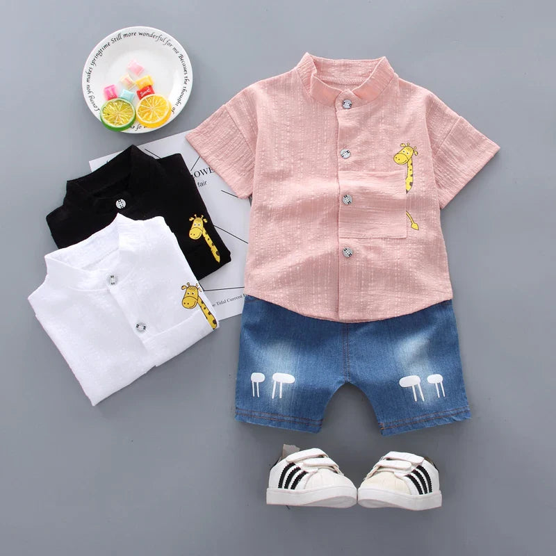 Kinder Sommer Set Jungen mit Giraffen Shirt und Denim Shorts