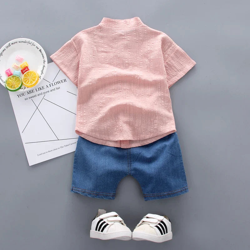Kinder Sommer Set Jungen mit Giraffen Shirt und Denim Shorts