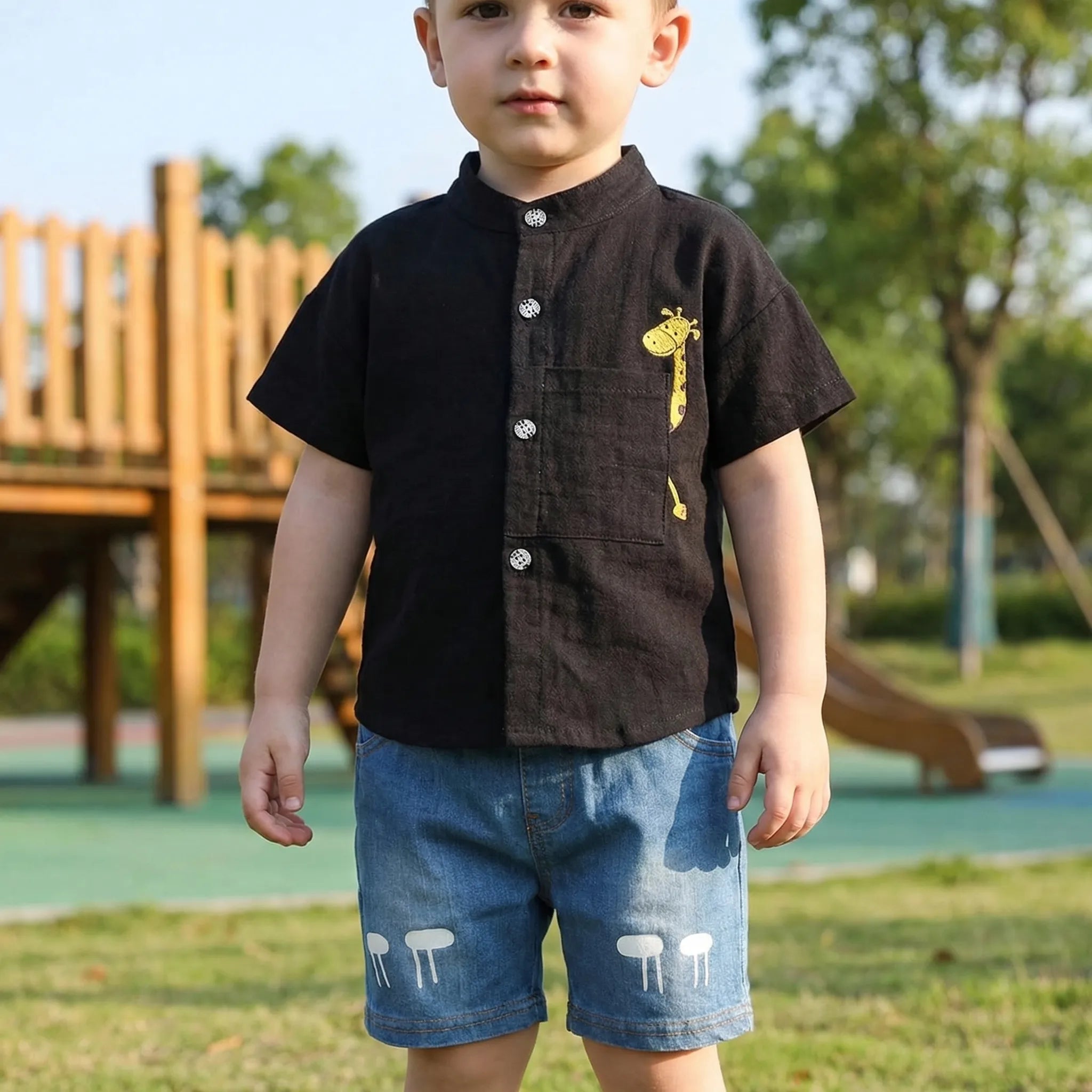 Kinder Sommer Set Jungen mit Giraffen Shirt und Denim Shorts