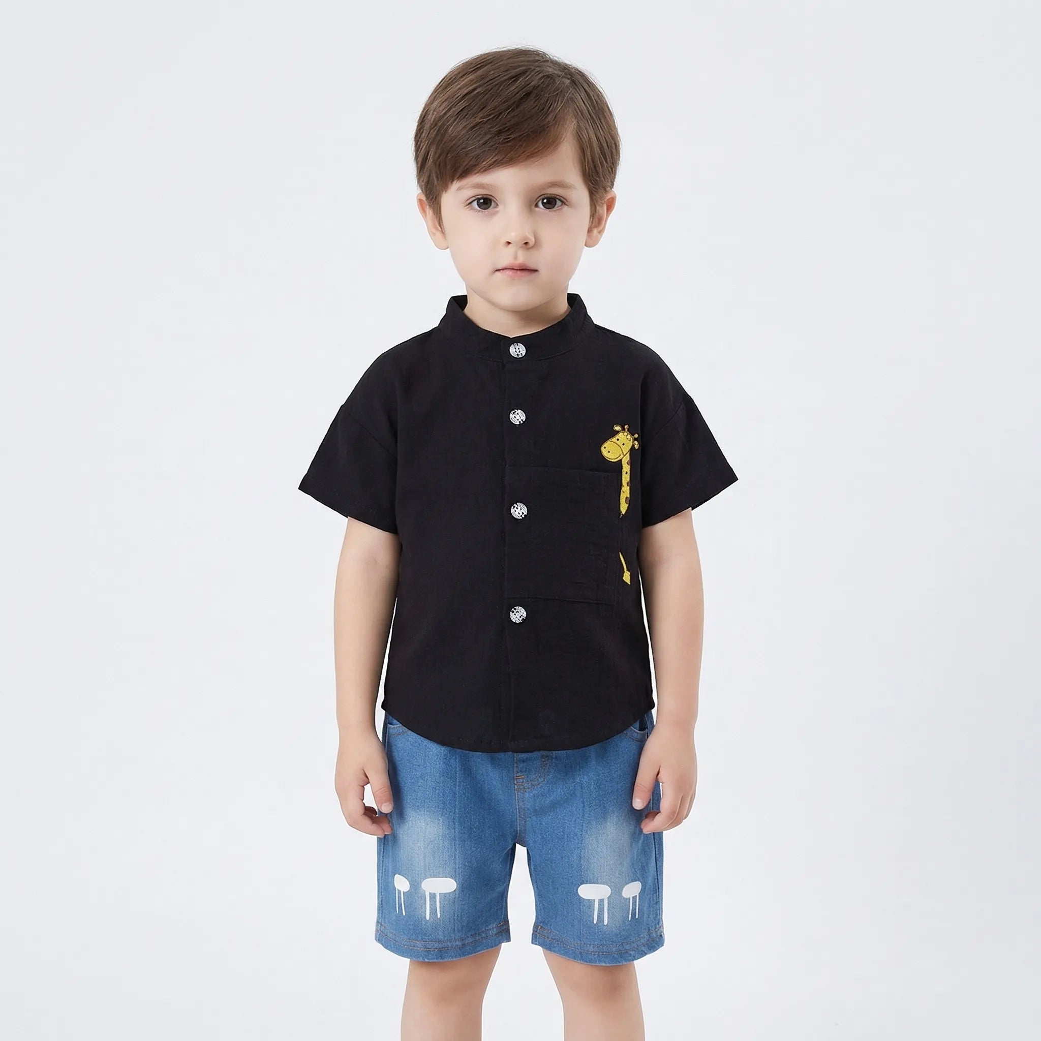 Kinder Sommer Set Jungen mit Giraffen Shirt und Denim Shorts