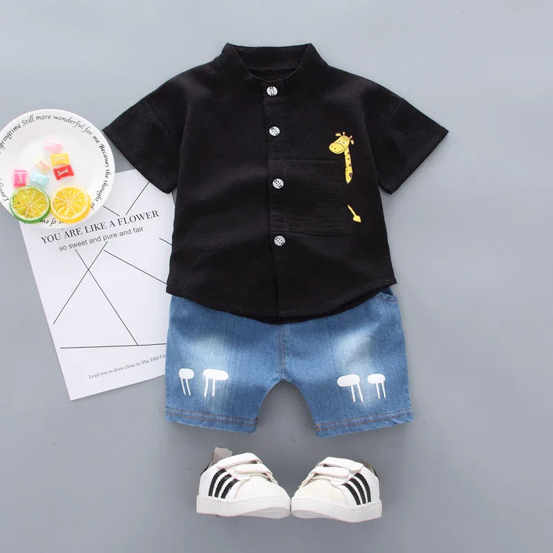 Kinder Sommer Set Jungen mit Giraffen Shirt und Denim Shorts