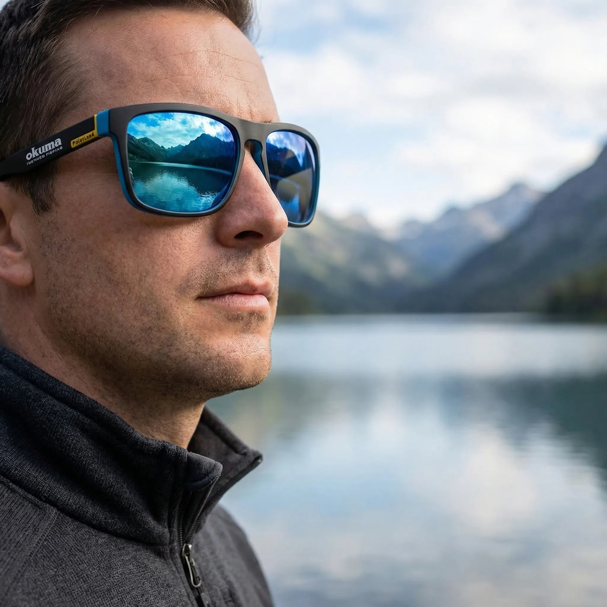 Polarisierte Sonnenbrille mit Wraparound-Gestell und verspiegelten Gläsern