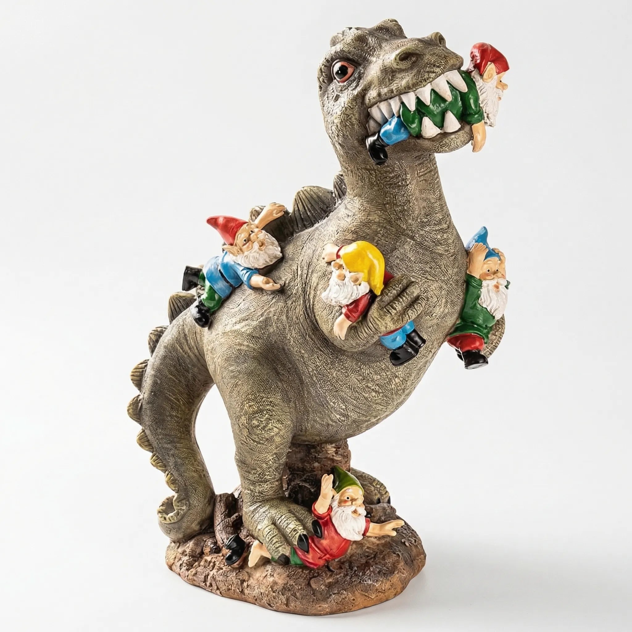 Dinosaurier-Gartenfigur T-Rex mit Zwergen handgemalt witterungsbeständig