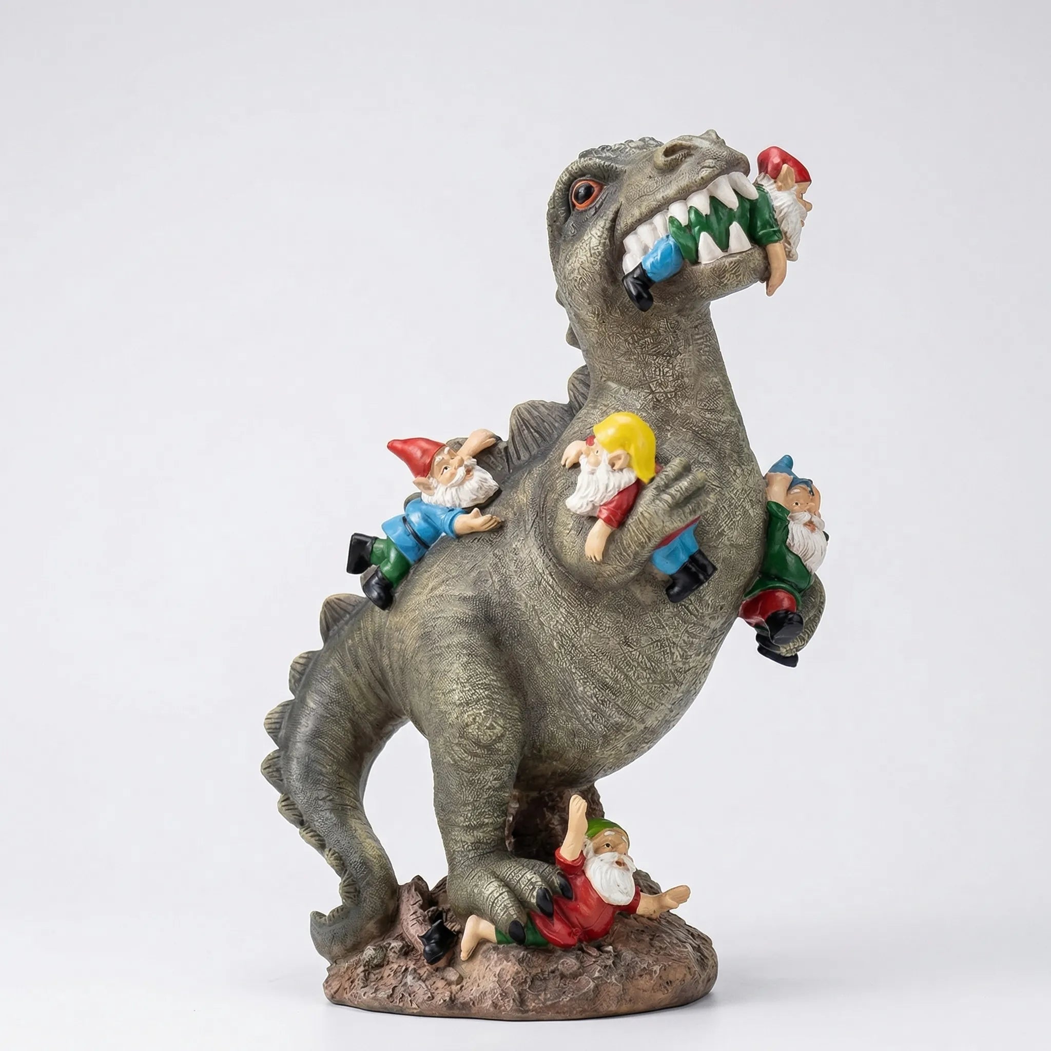Dinosaurier-Gartenfigur T-Rex mit Zwergen handgemalt witterungsbeständig