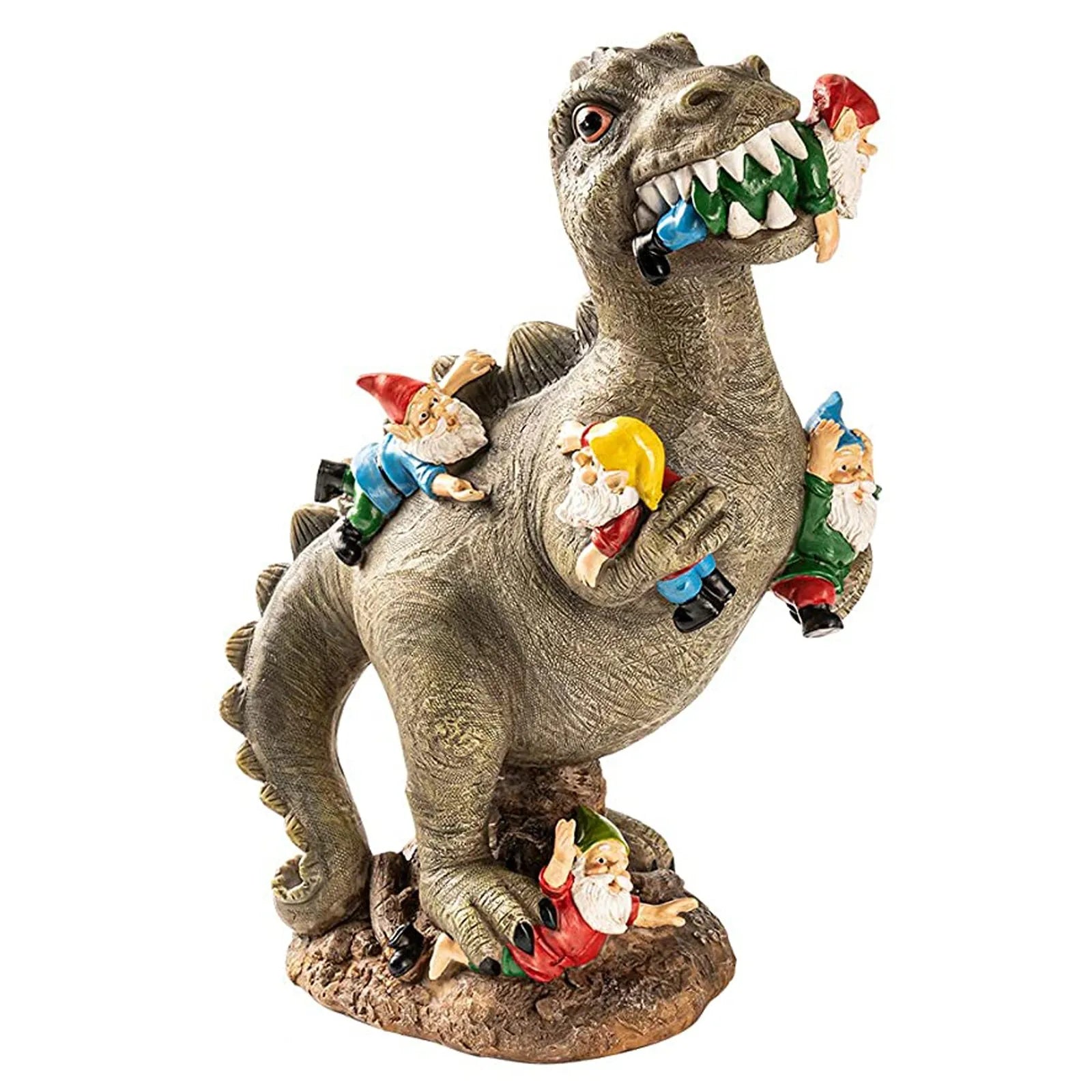 Dinosaurier-Gartenfigur T-Rex mit Zwergen handgemalt witterungsbeständig