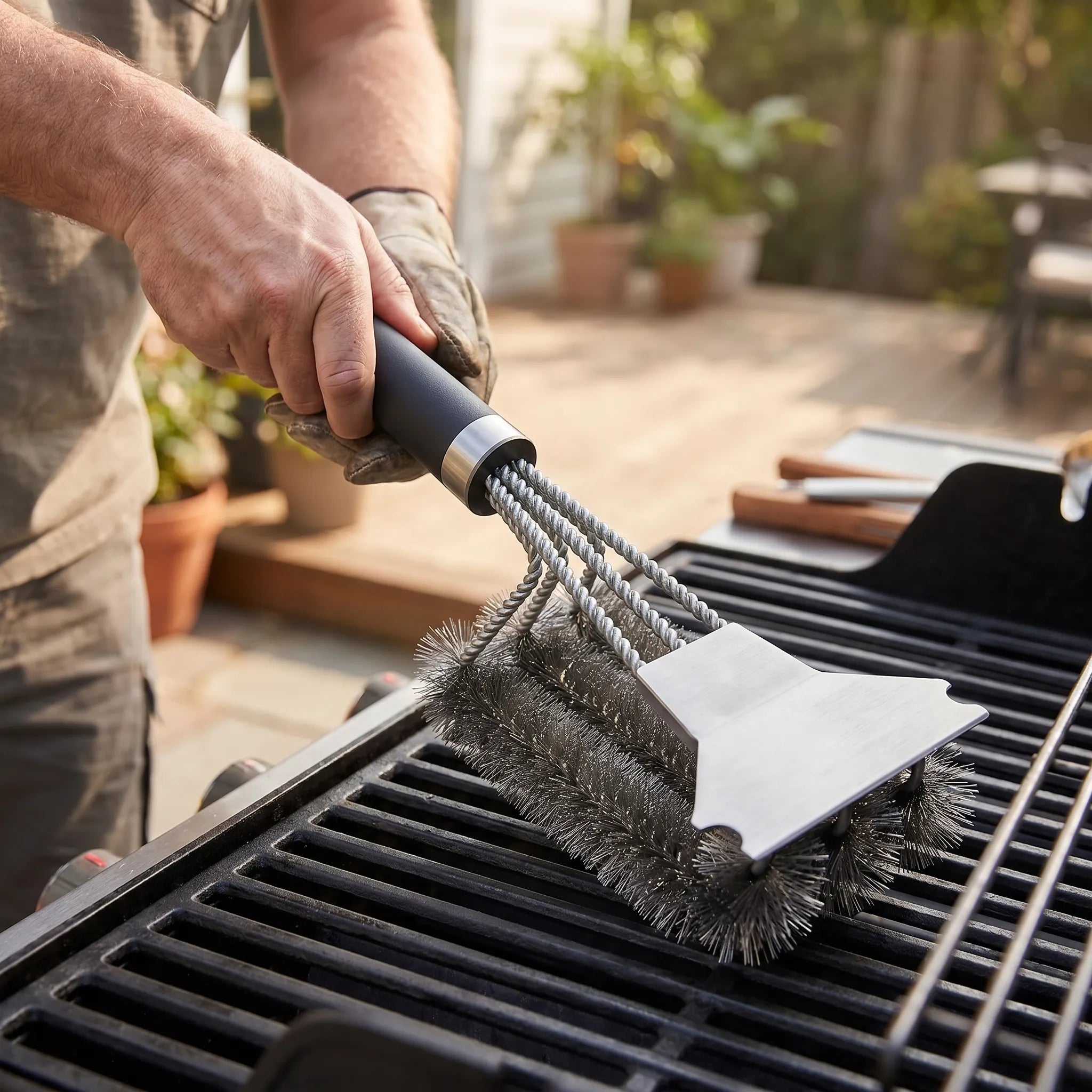 Grillbürste mit Schaber und Drahtspulen zum Reinigen von Grillrosten