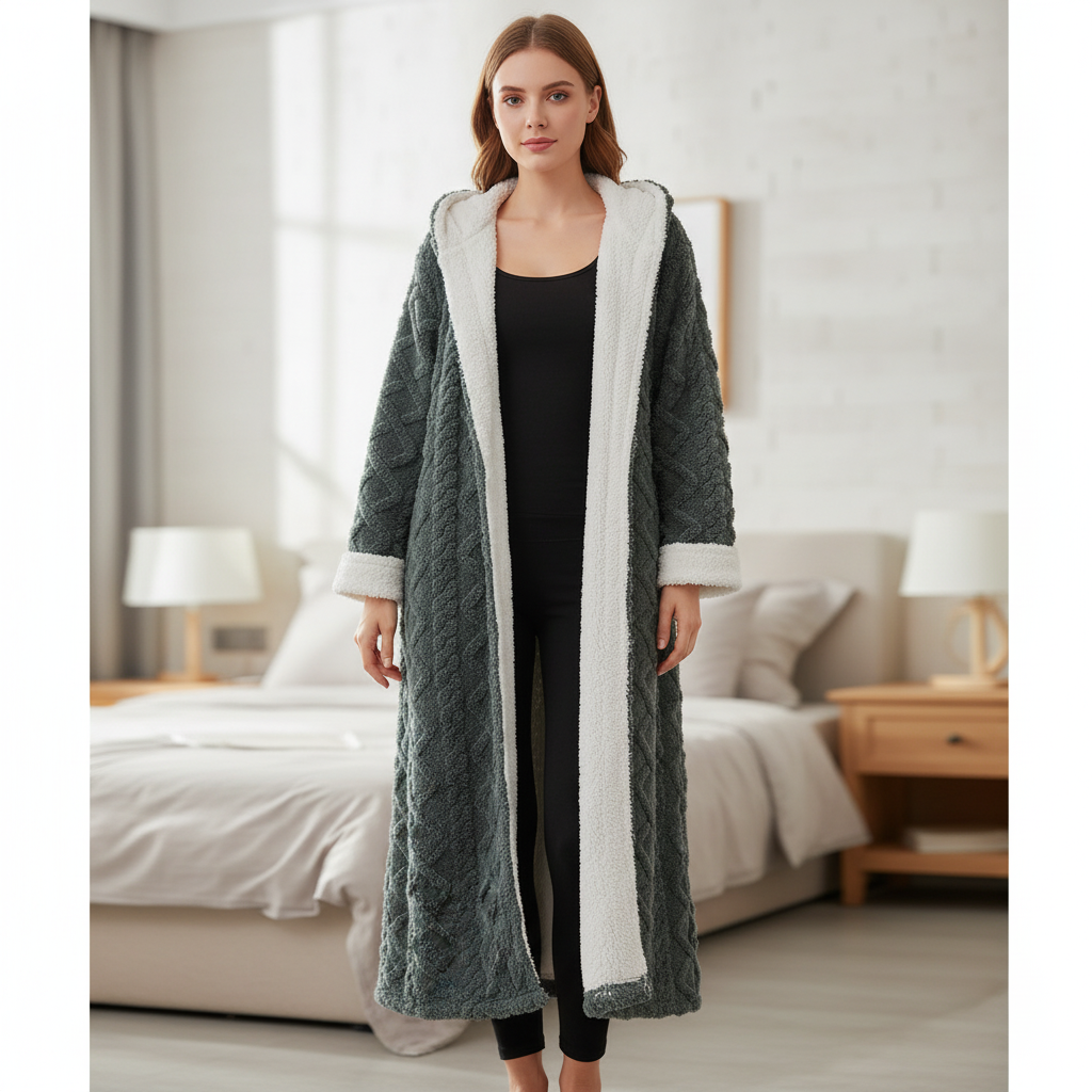 Langer Kapuzen-Bademantel Damen warm plüschig knöchellang