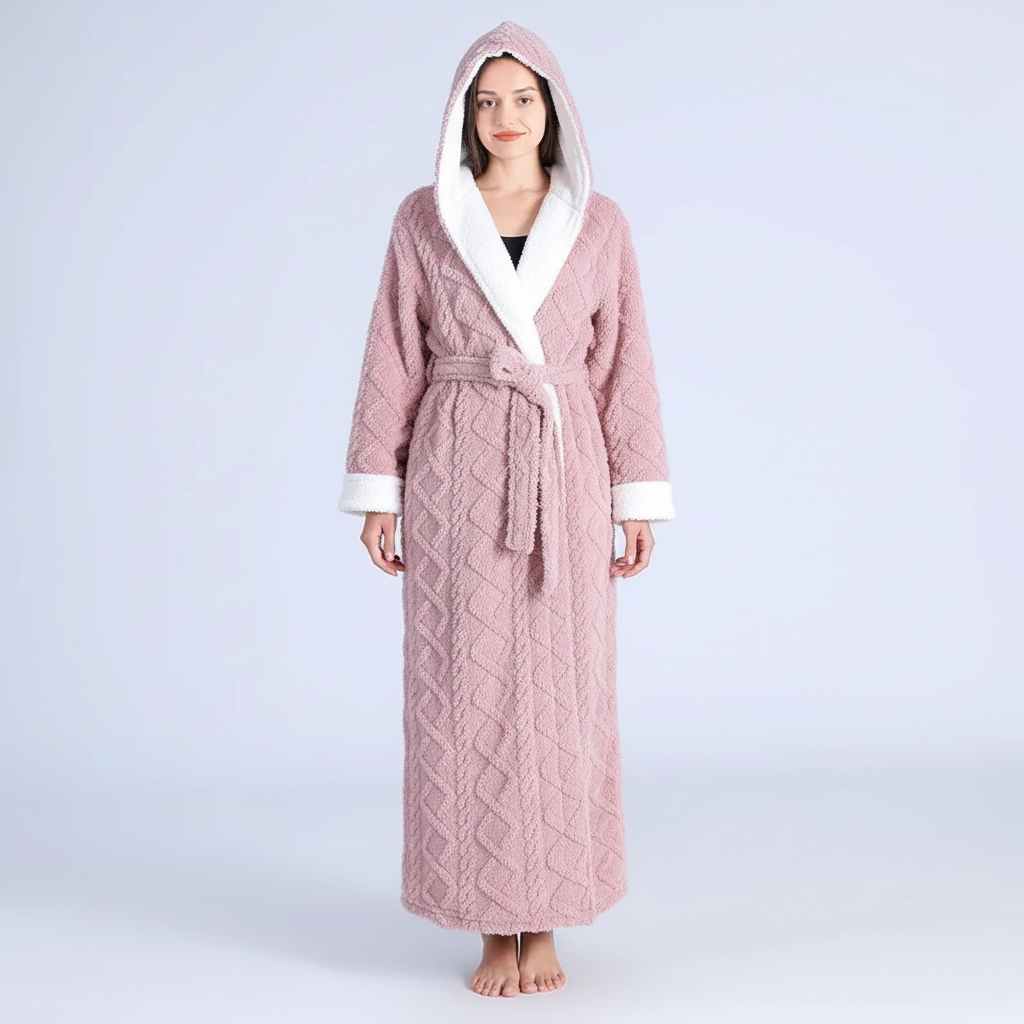 Langer Kapuzen-Bademantel Damen warm plüschig knöchellang