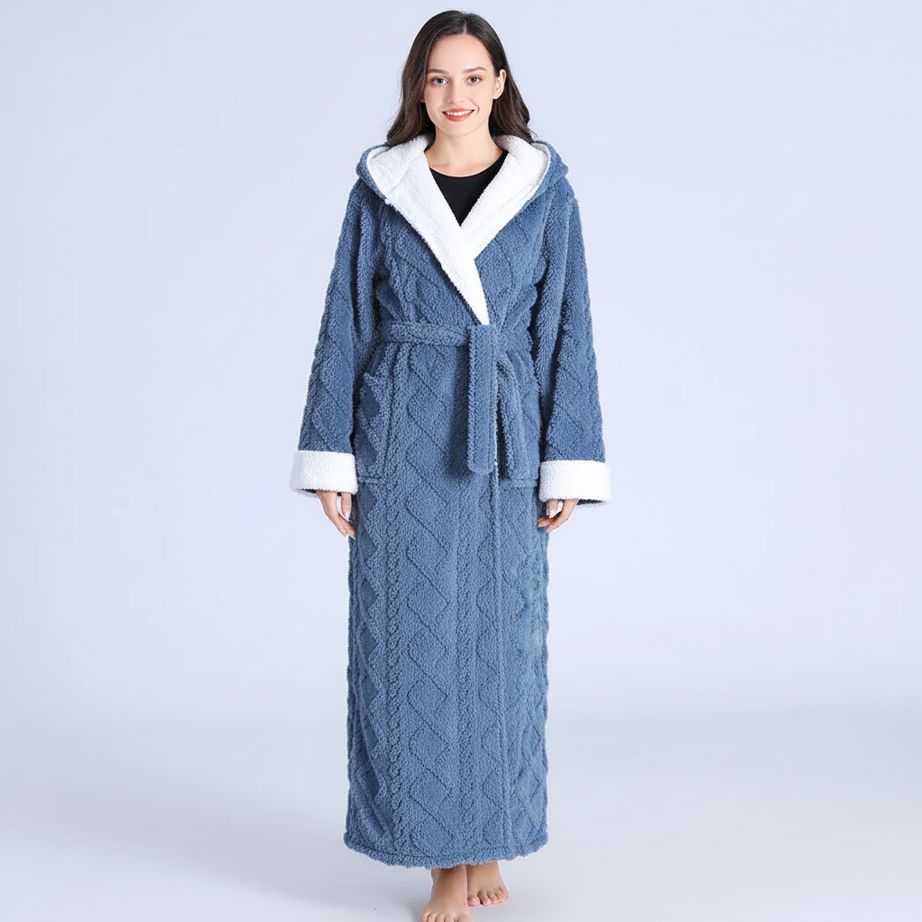 Langer Kapuzen-Bademantel Damen warm plüschig knöchellang