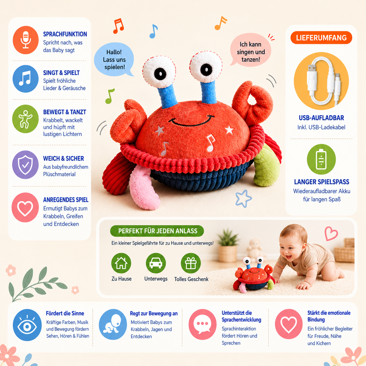 Nordspur | Interaktive Musikalische Krabbe mit Sprachfunktion – Bewegliches Lernspielzeug für Babys