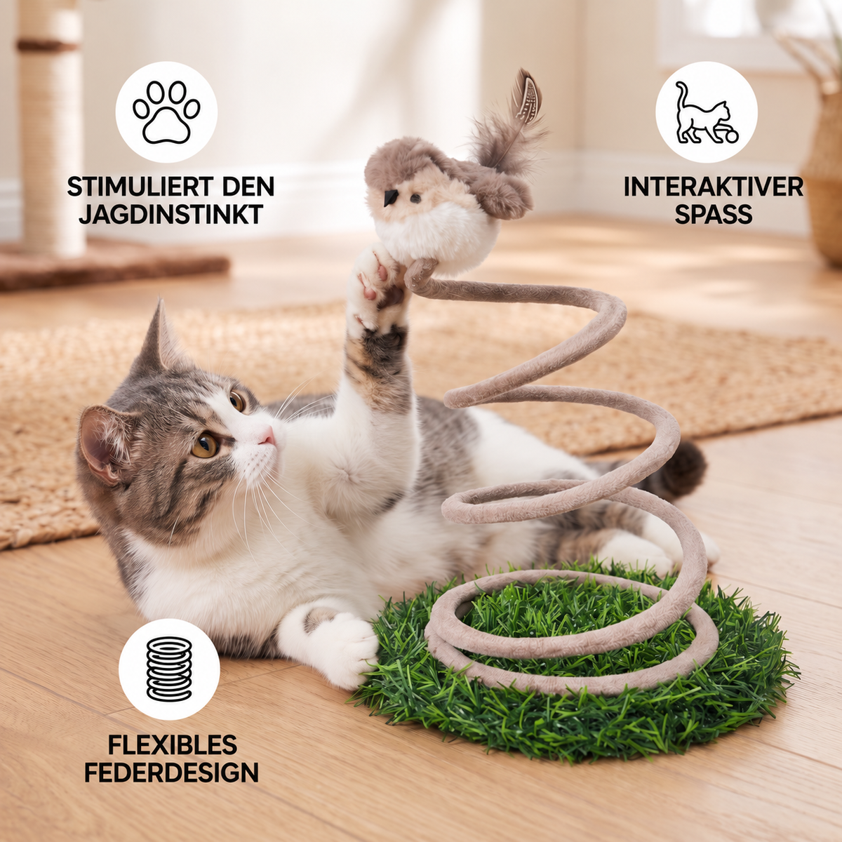 Nordspur | Interaktives Feder-Vogel-Katzenspielzeug mit Grasbasis