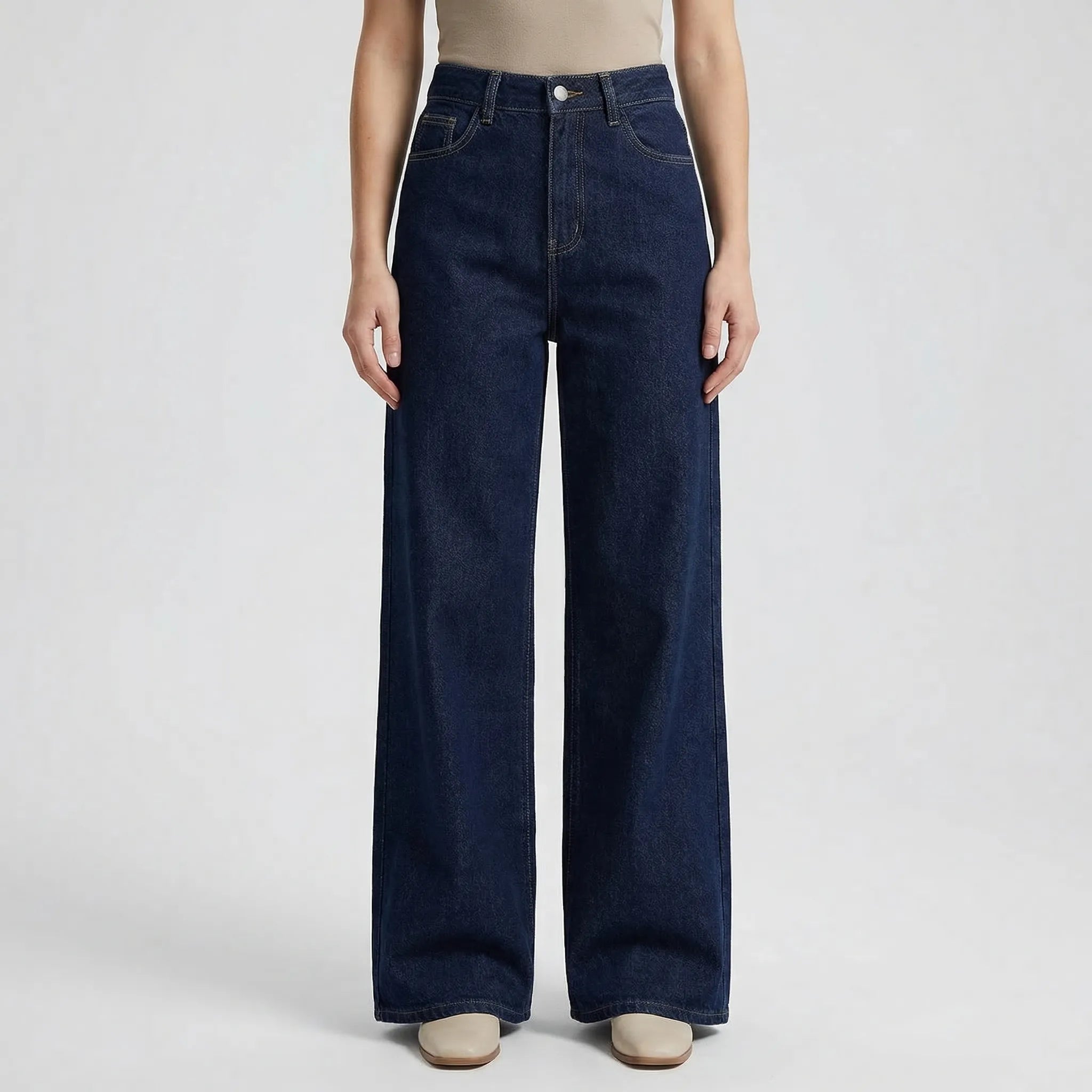 Damen Jeans-Zweiteiler in Indigo mit Gürteljacke und Hose mit weitem Bein