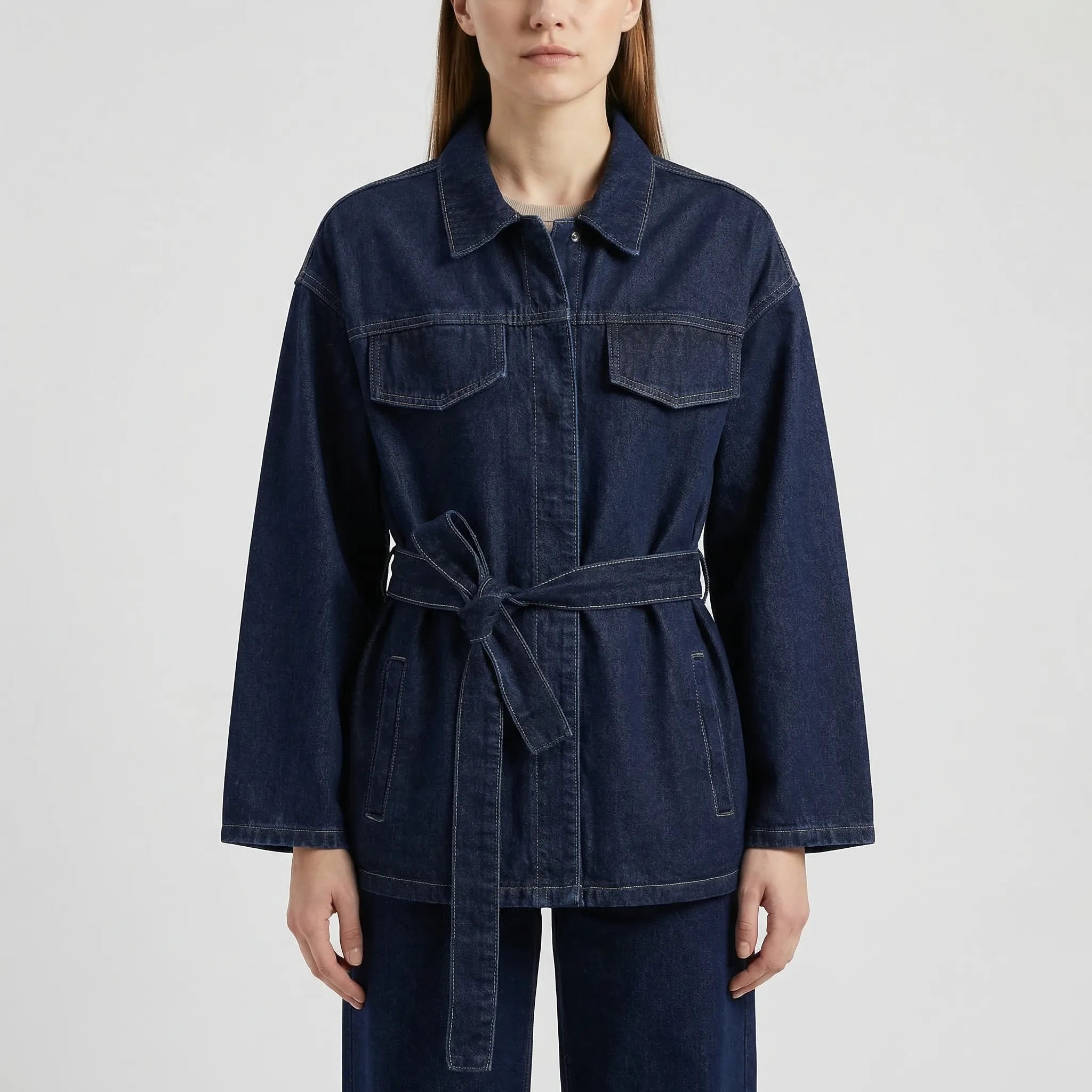 Damen Jeans-Zweiteiler in Indigo mit Gürteljacke und Hose mit weitem Bein