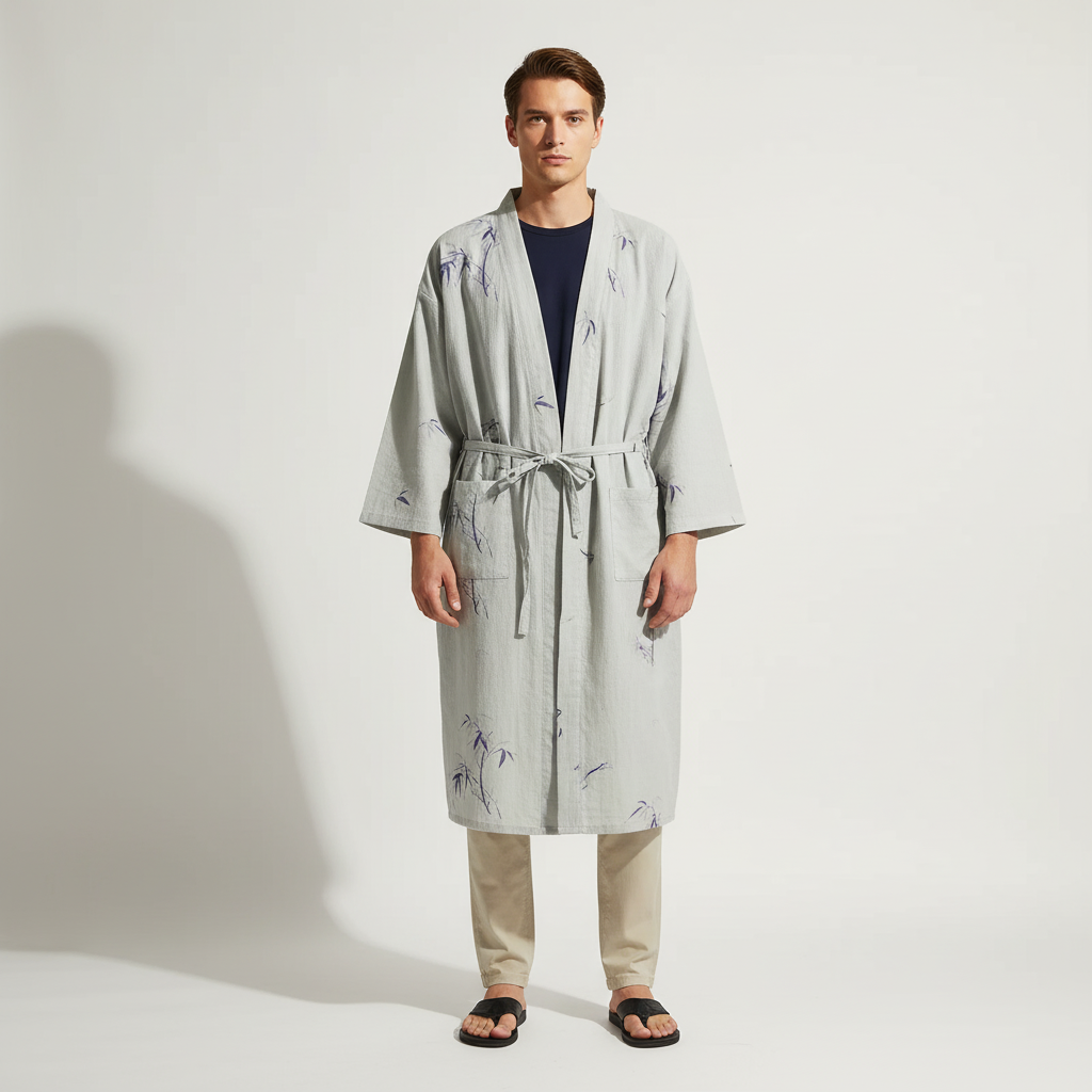 Lockerer Kimono-Bademantel mit V-Ausschnitt und geometrischem Muster