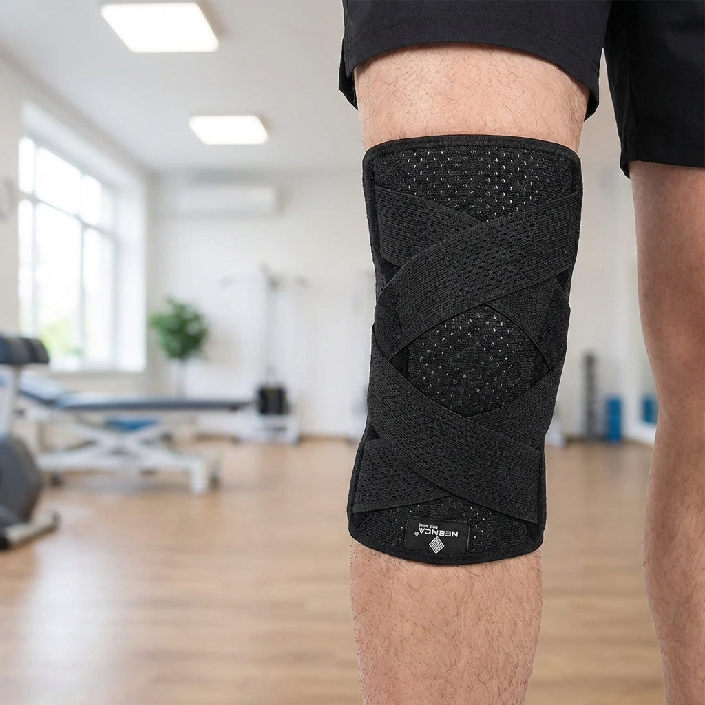 Verstellbare Knieorthese mit Seitenstabilisatoren und Kompressionsfunktion