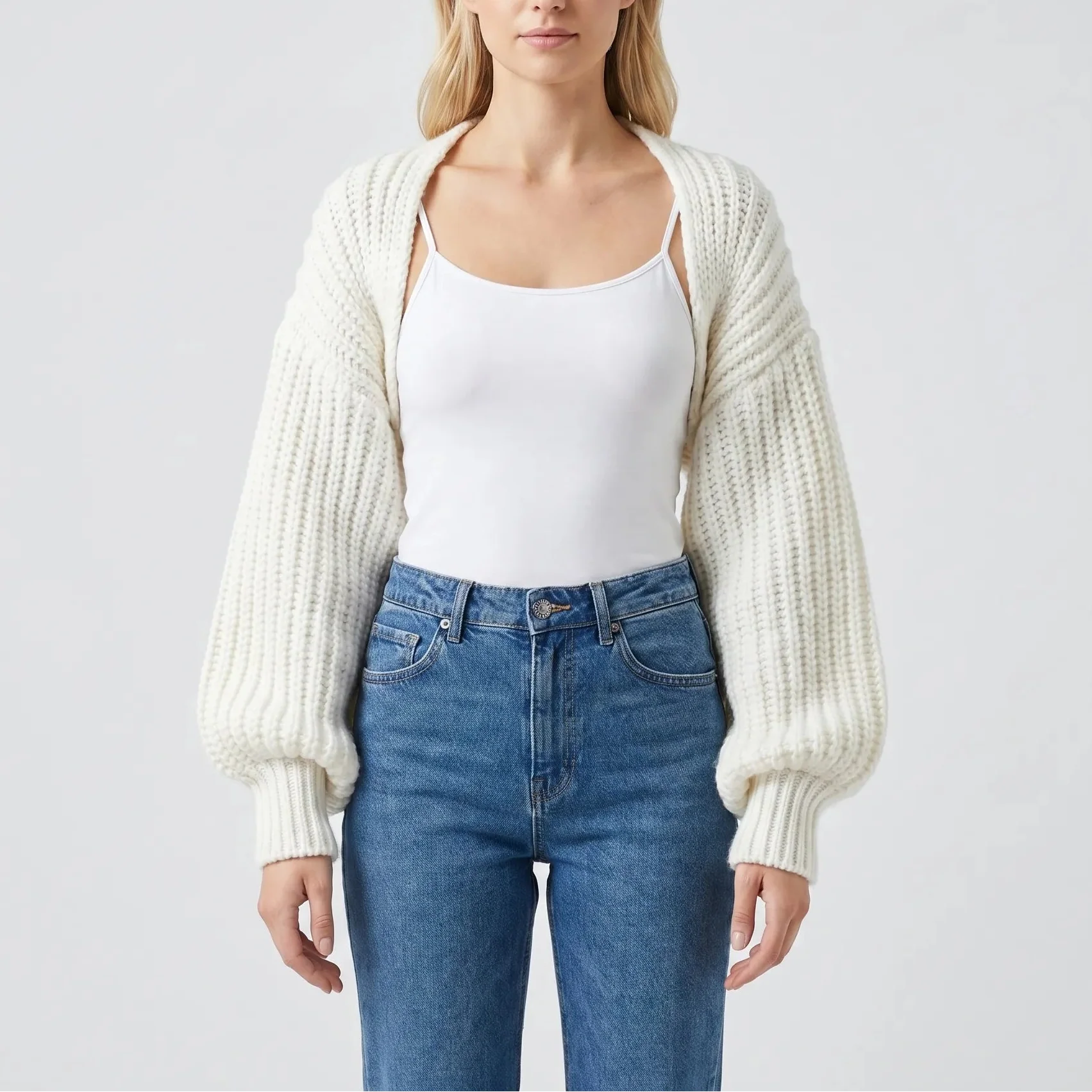 Kurzer Damen-Strickbolero gerippt mit Fledermausärmeln