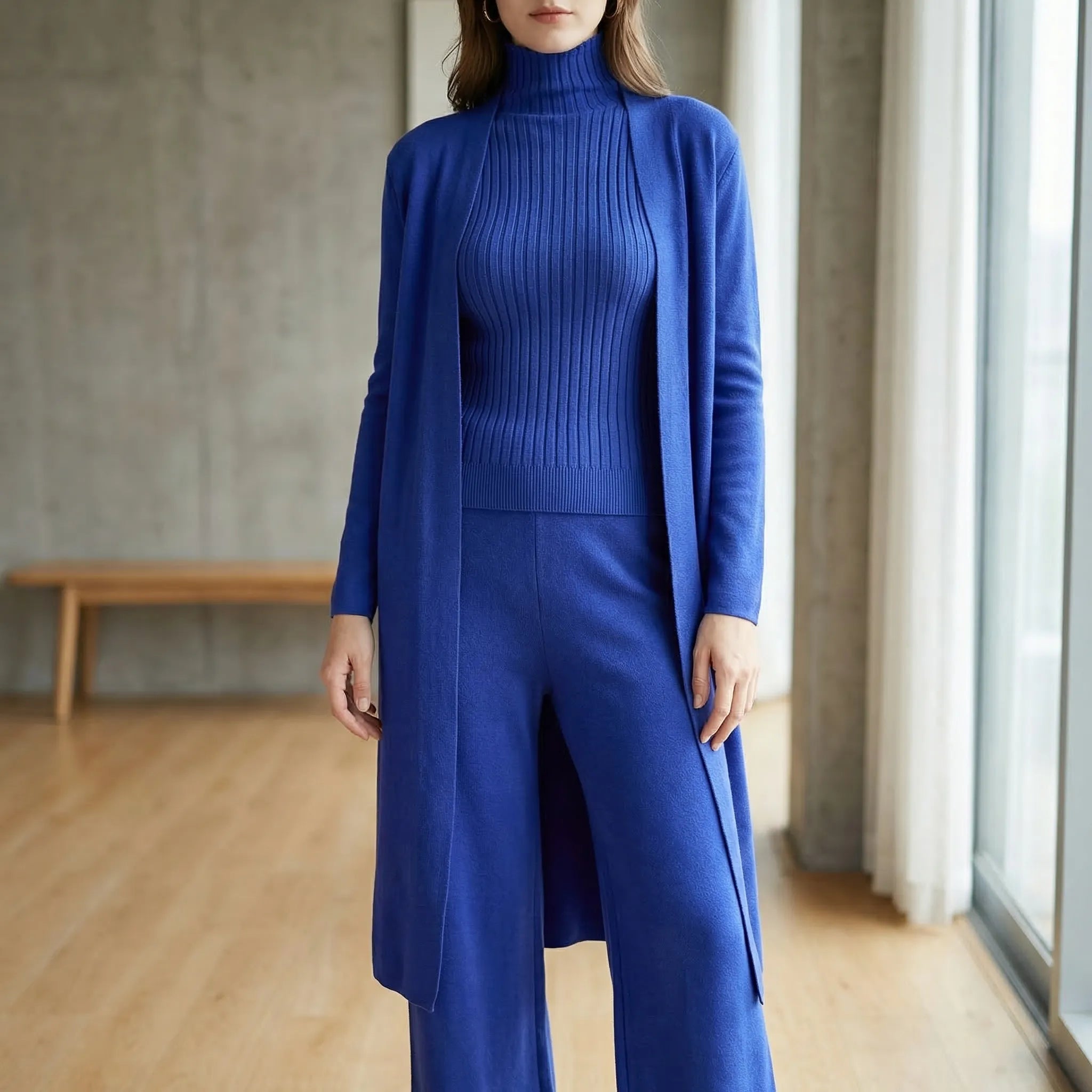 Strick 3-Teiler für Damen mit Cardigan, Pullover und Hose