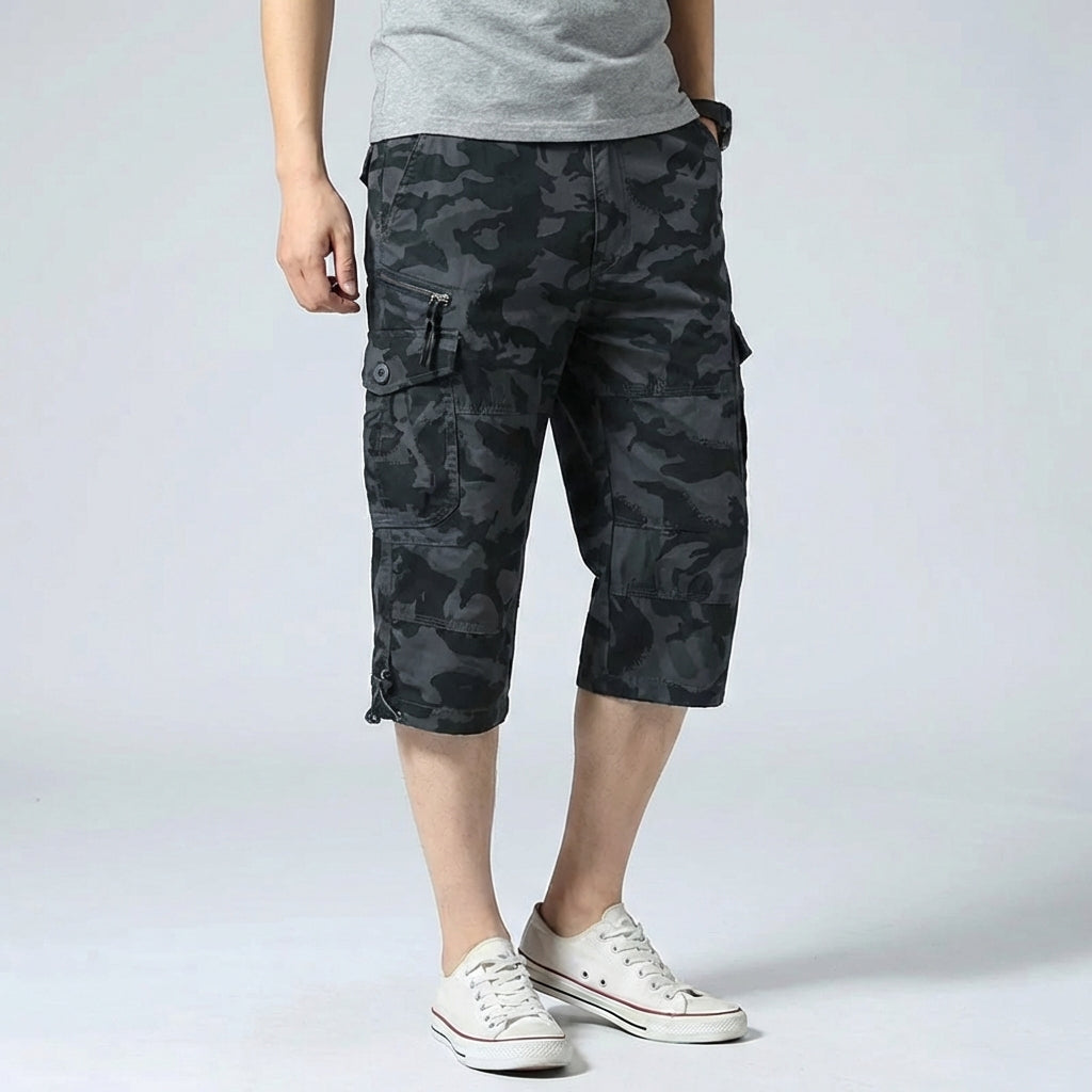 Lange Cargo-Shorts Caprilänge mit mehreren Taschen elastischer Bund