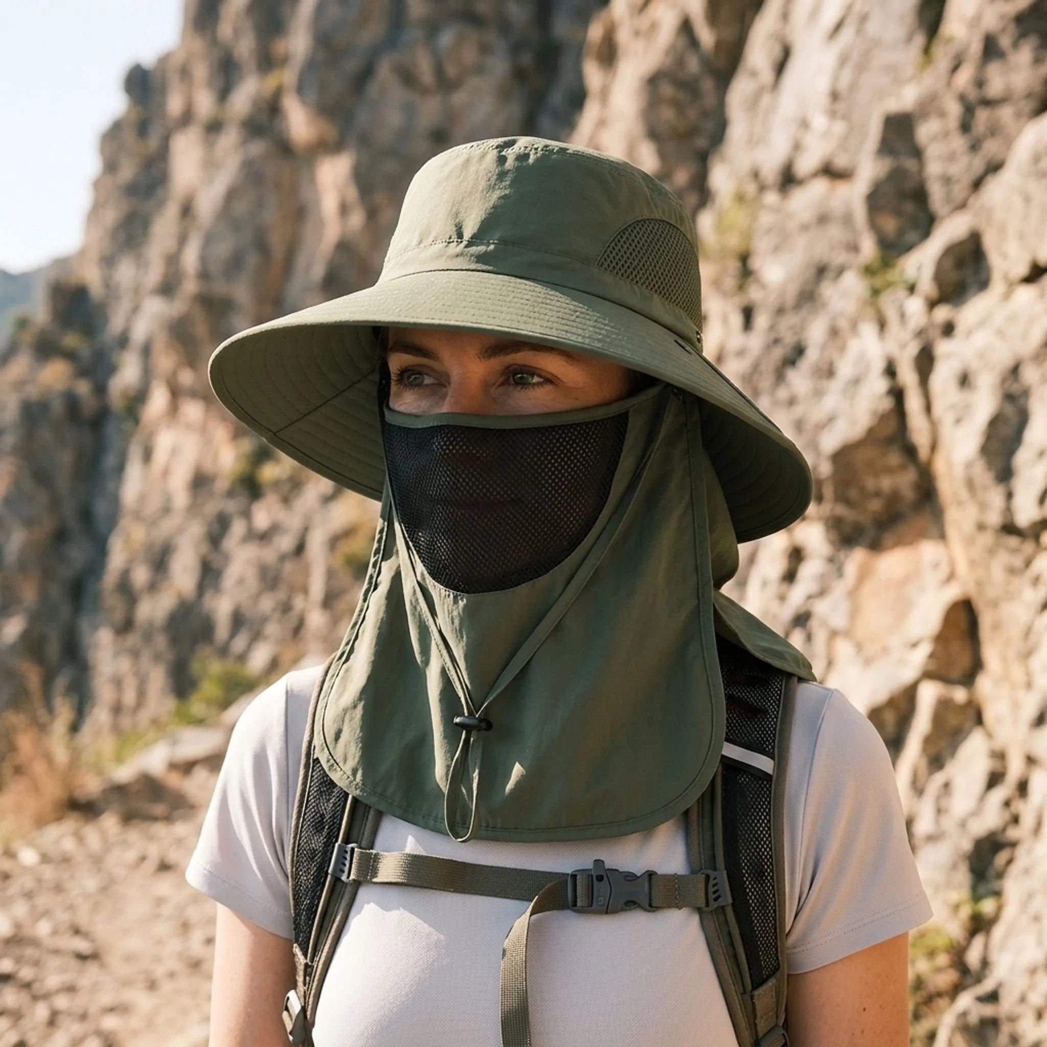 Breitrandiger Sonnenhut mit Nackenklappen und Mesh-Belüftung für Wandern