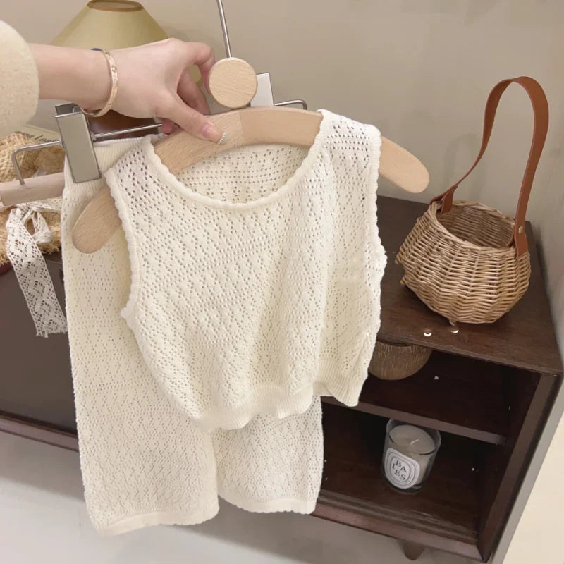 Mädchen Sommer Set Hohlspitzenweste weite Hose atmungsaktiv