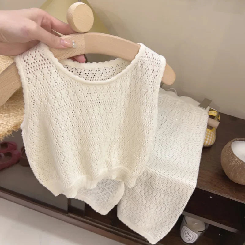 Mädchen Sommer Set Hohlspitzenweste weite Hose atmungsaktiv