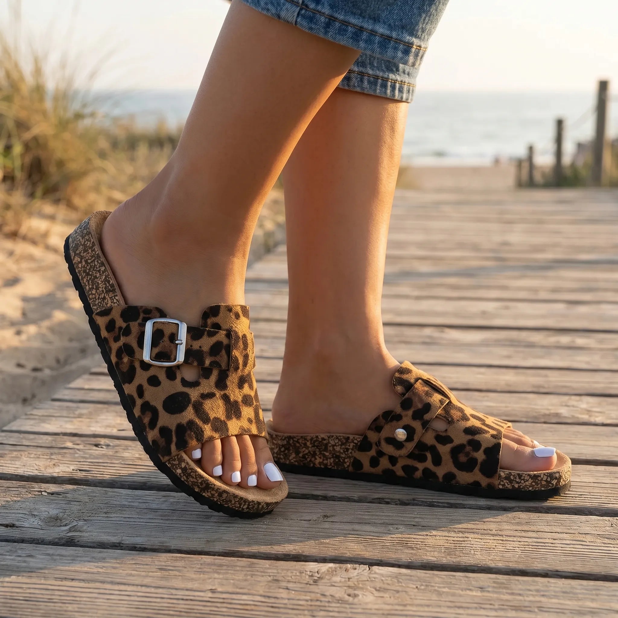 Leopardenmuster-Pantoletten mit verstellbarem Riemen und flacher Sohle