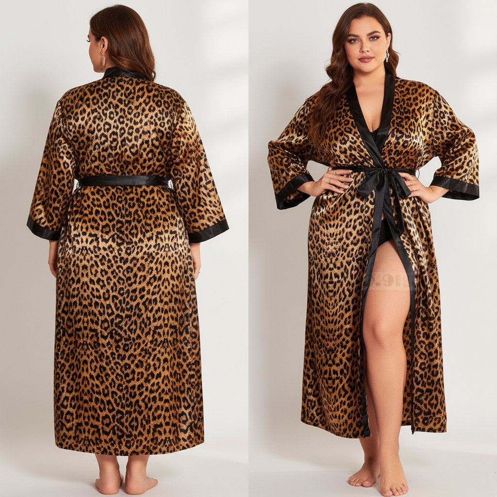 Übergrößen-Kimono-Bademantel mit Leopardenmuster, knöchellang
