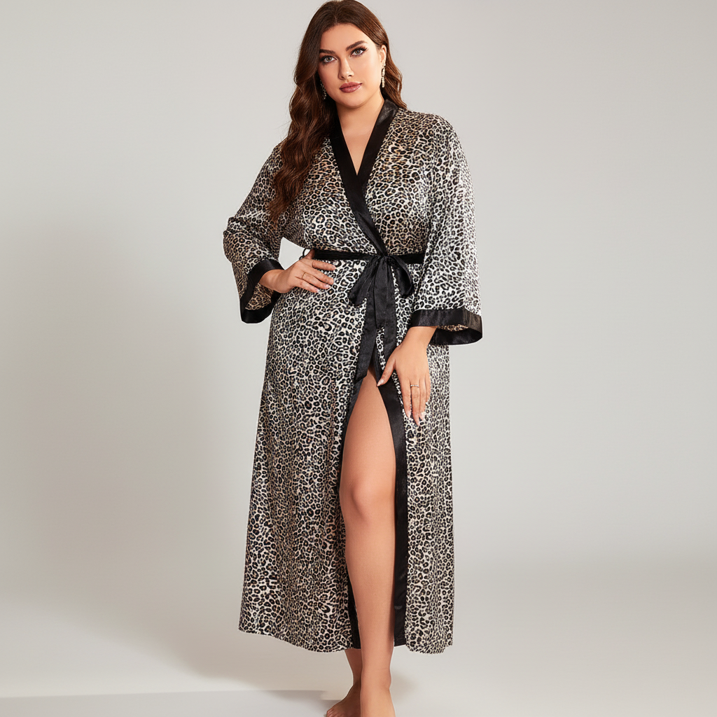 Übergrößen-Kimono-Bademantel mit Leopardenmuster, knöchellang