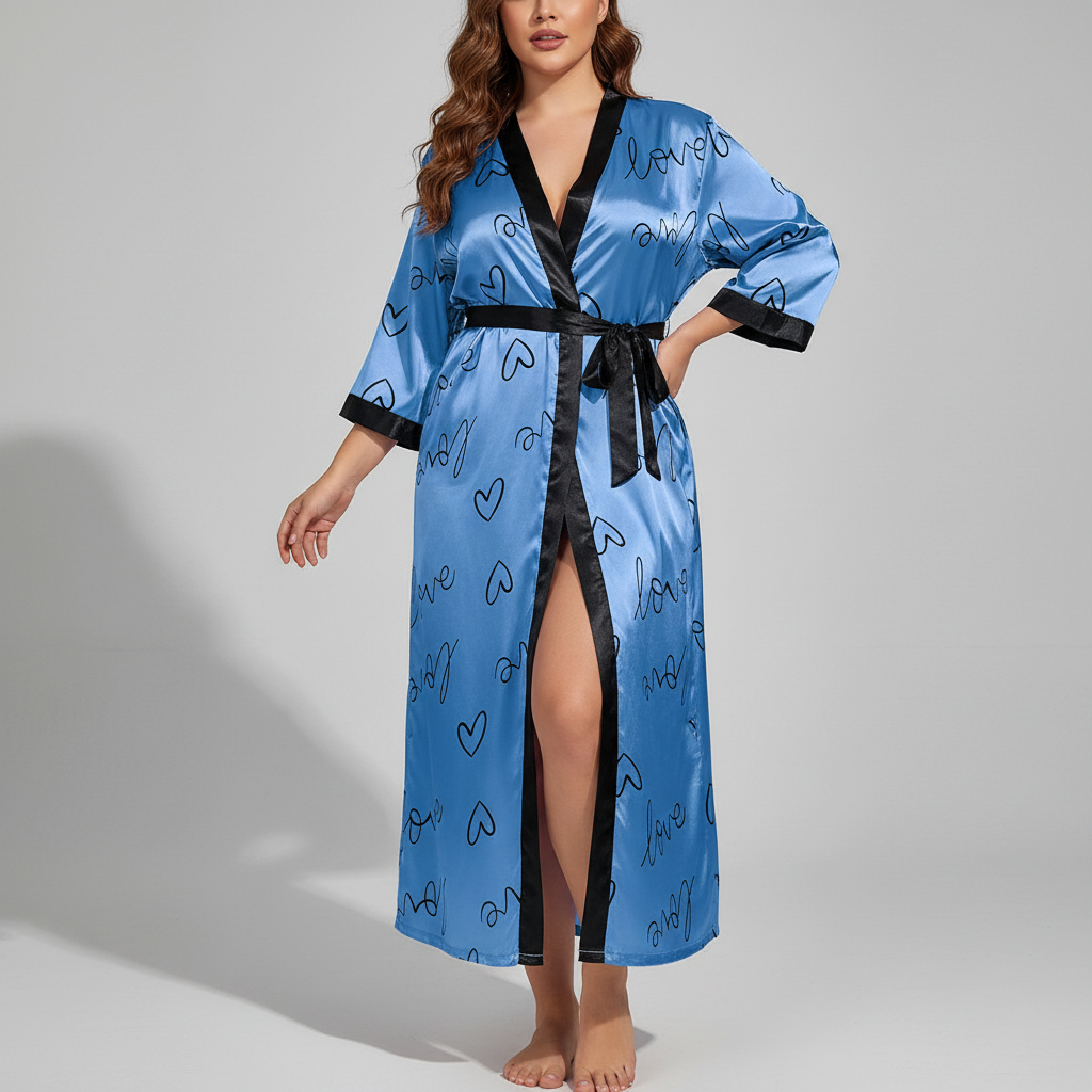 Übergrößen-Kimono-Bademantel mit Leopardenmuster, knöchellang