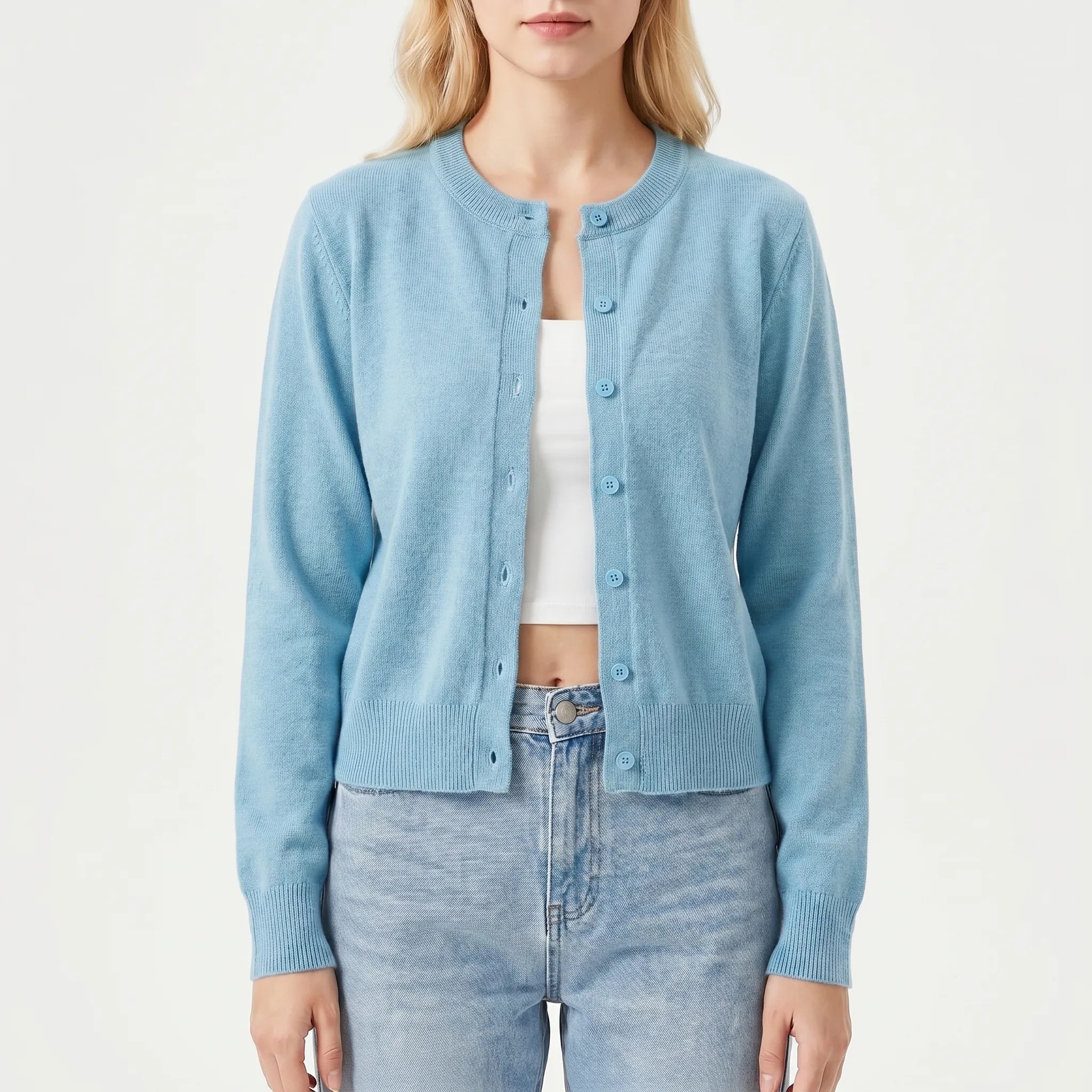 Damen-Strickjacke mit Langarm, Rundhalsausschnitt und gerippten Manschetten