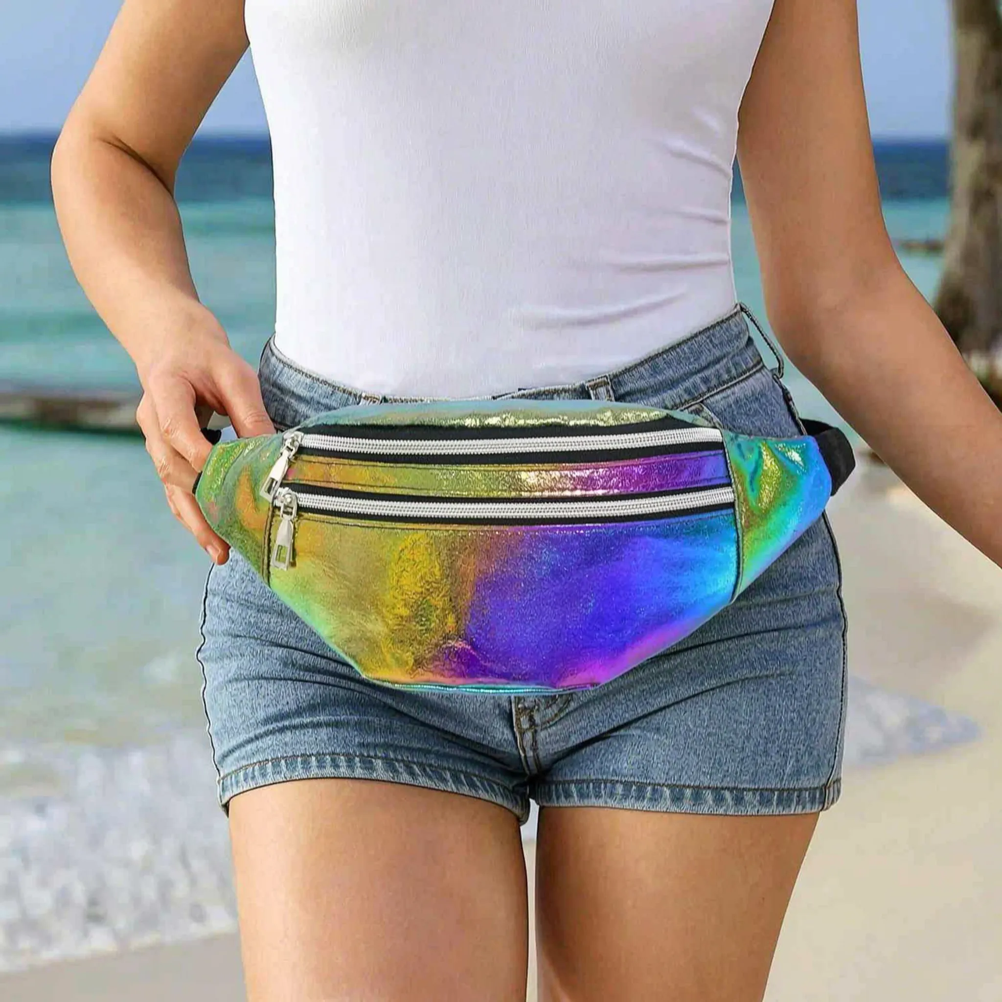 Holografische Hüfttasche mit Reißverschlussfächern und verstellbarem Gurt