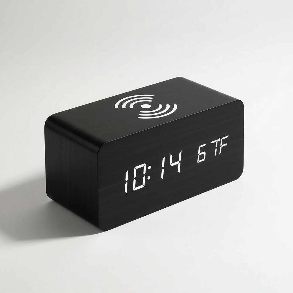 Holzwecker mit LED-Display, Wireless-Ladefunktion und Temperaturanzeige
