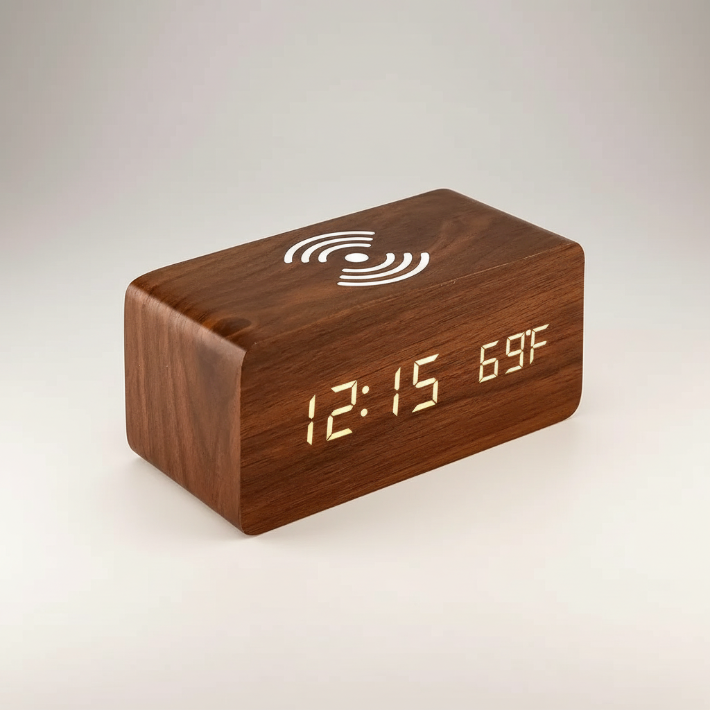 Holzwecker mit LED-Display, Wireless-Ladefunktion und Temperaturanzeige