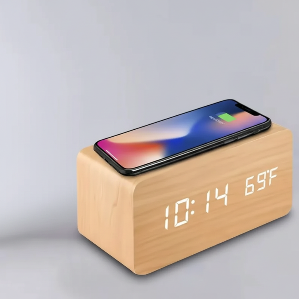 Holzwecker mit LED-Display, Wireless-Ladefunktion und Temperaturanzeige